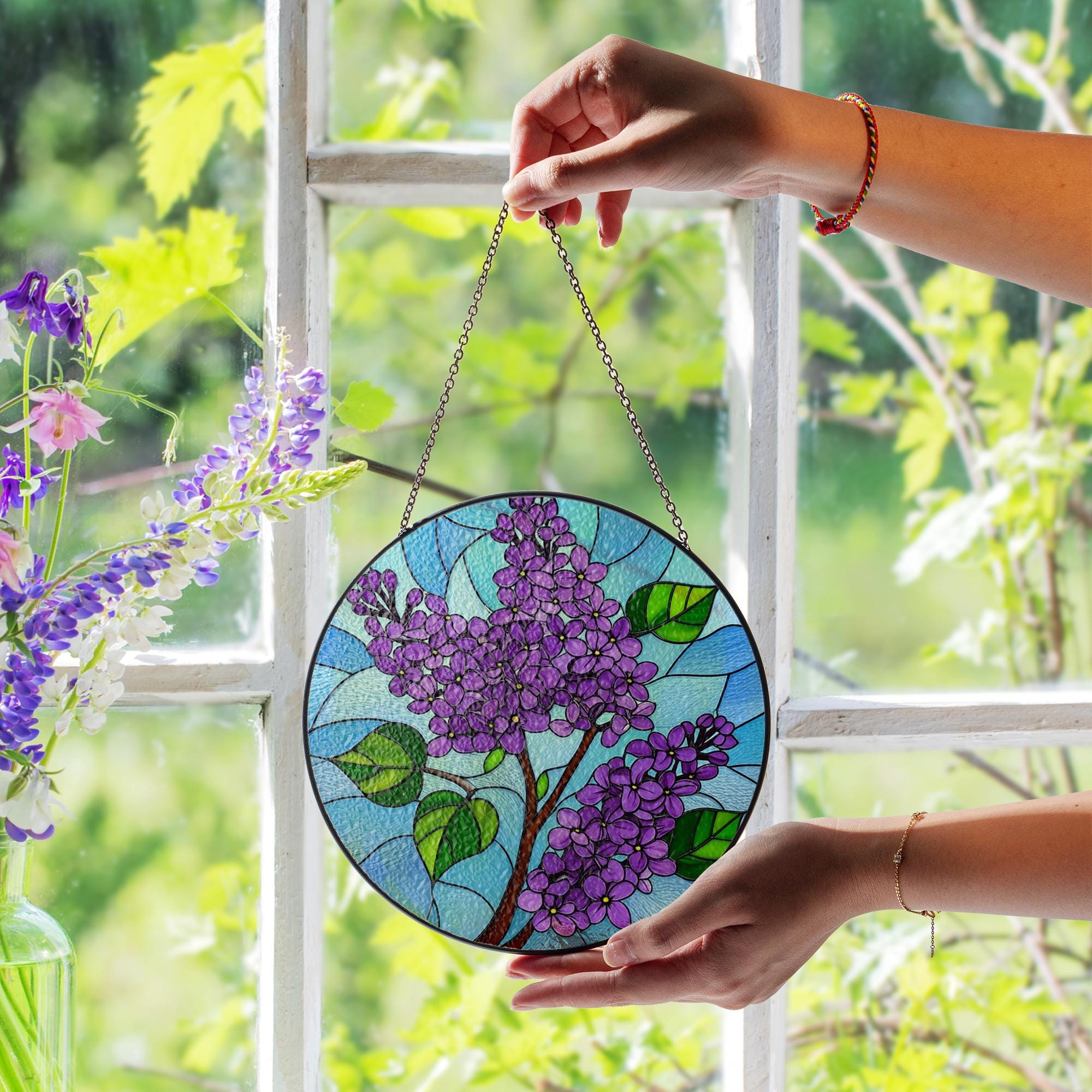 Lilac Flower Glass Suncatcher – Purple Blossom Window Decor Gift for Mom, Gardeners, and Nature Inspired Spring Homes