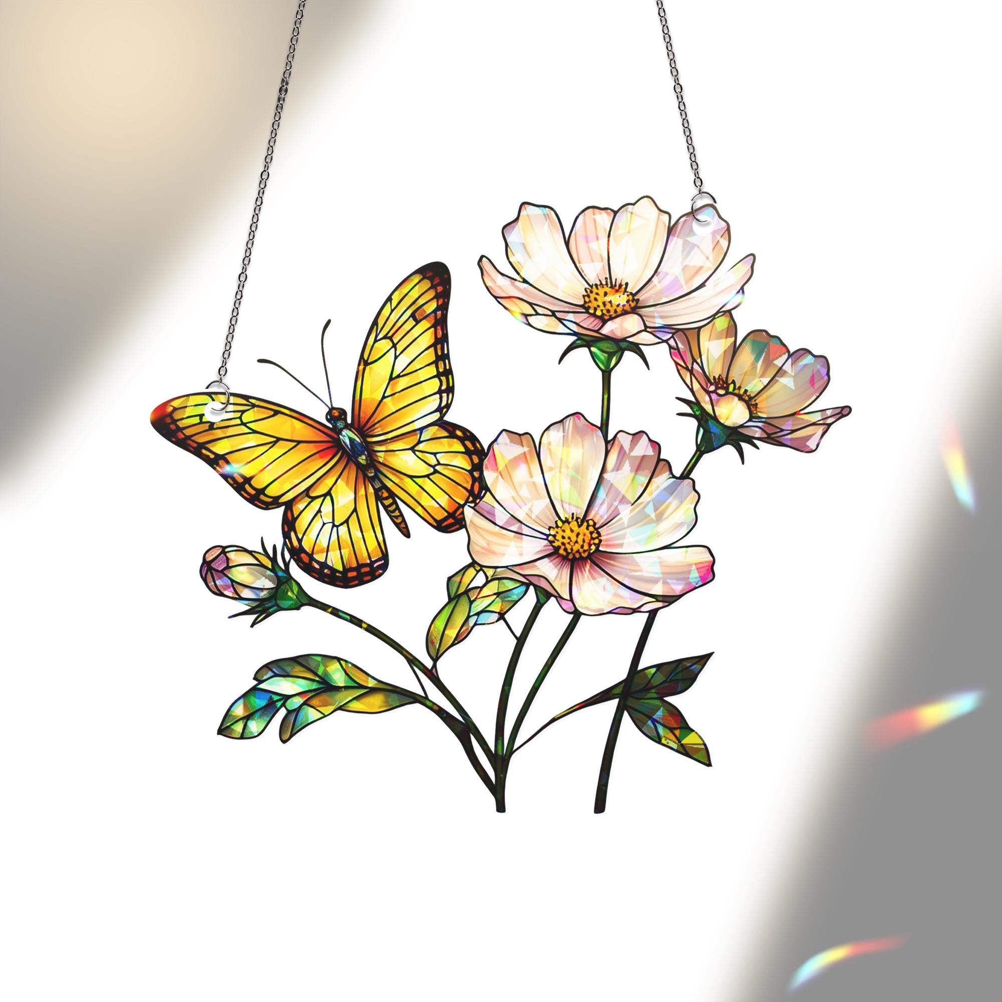 Butterfly and Flowers Hologram Acrylic Window Hanging – Colorful Nature Window Hanging, Spring Garden Decor, Gift For Mom