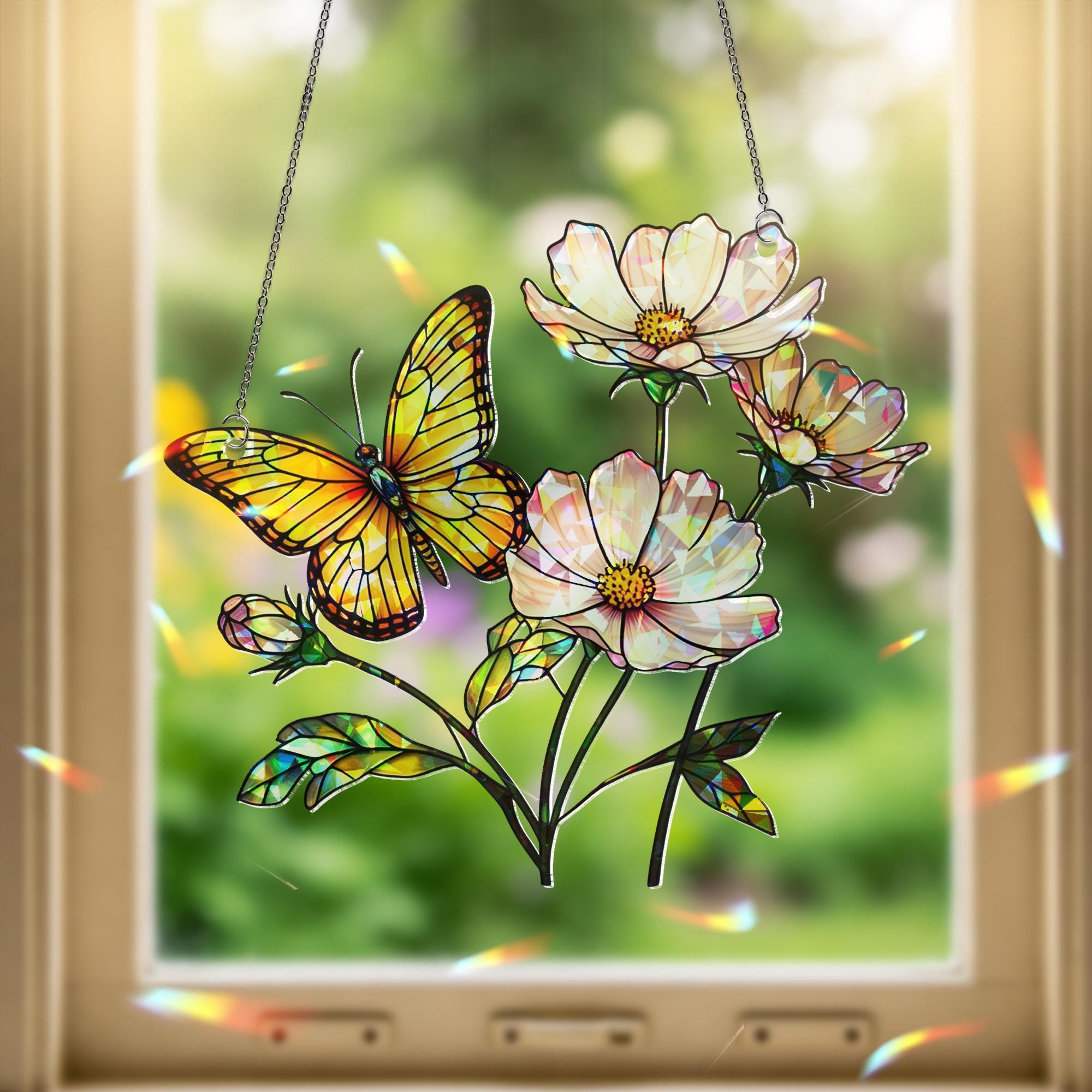 Butterfly and Flowers Hologram Acrylic Window Hanging – Colorful Nature Window Hanging, Spring Garden Decor, Gift For Mom