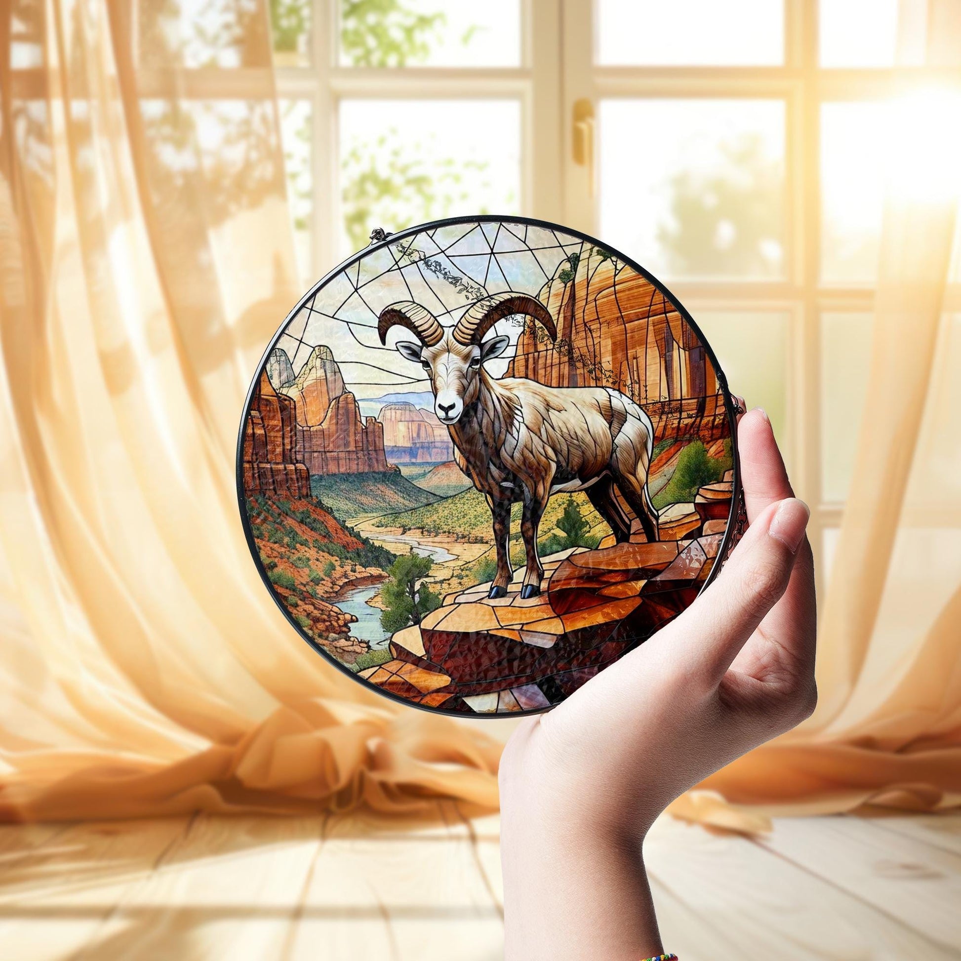 Desert Ram Glass Suncatcher – Stained Glass Style Bighorn Sheep Window Hanging, Rustic Wildlife Decor, Mountain Cabin Wall Art Gift