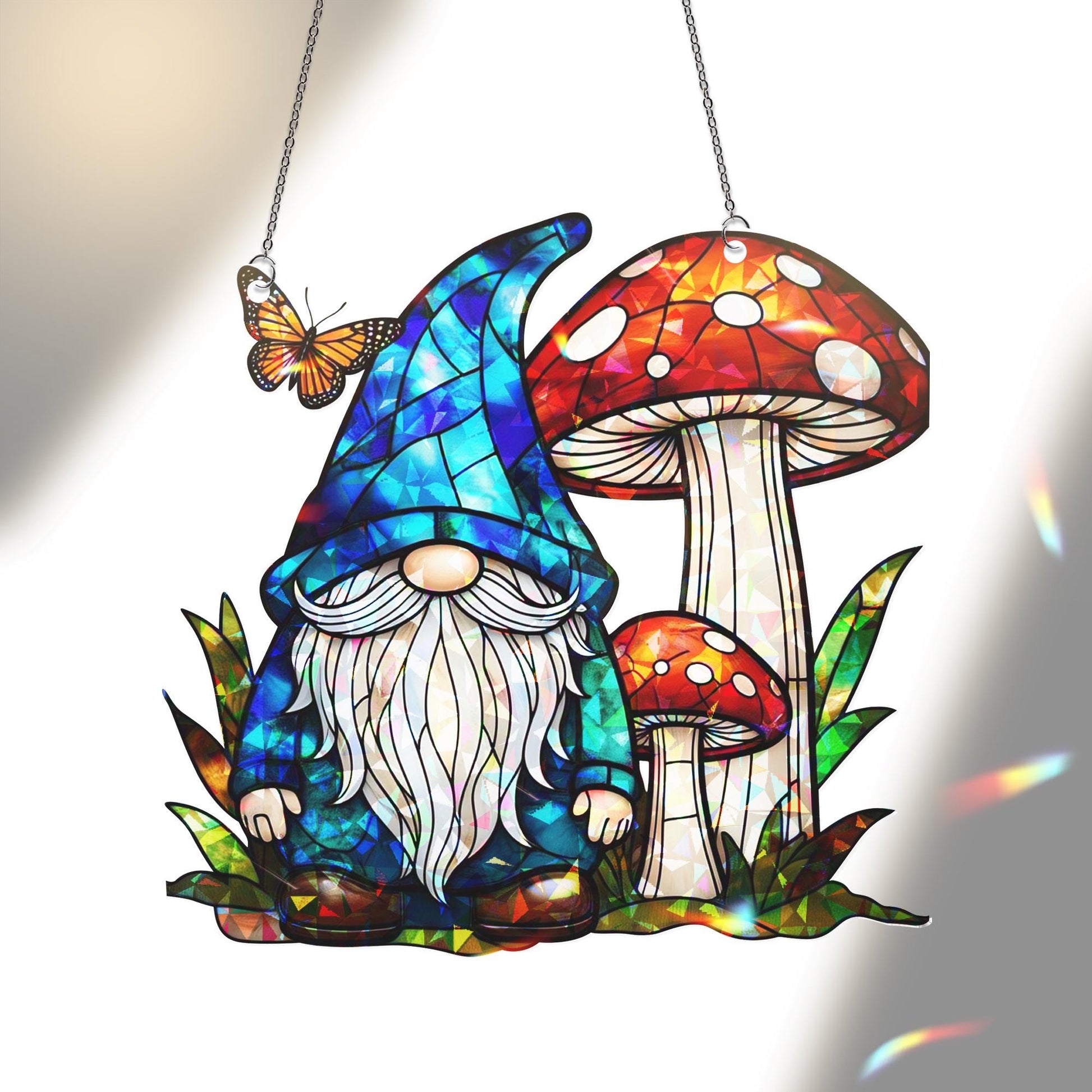 Whimsical Gnome and Mushroom Hologram Acrylic Window Hanging – Fairy Garden Decor, Gift for Gnome Lovers, Fantasy Home Decor