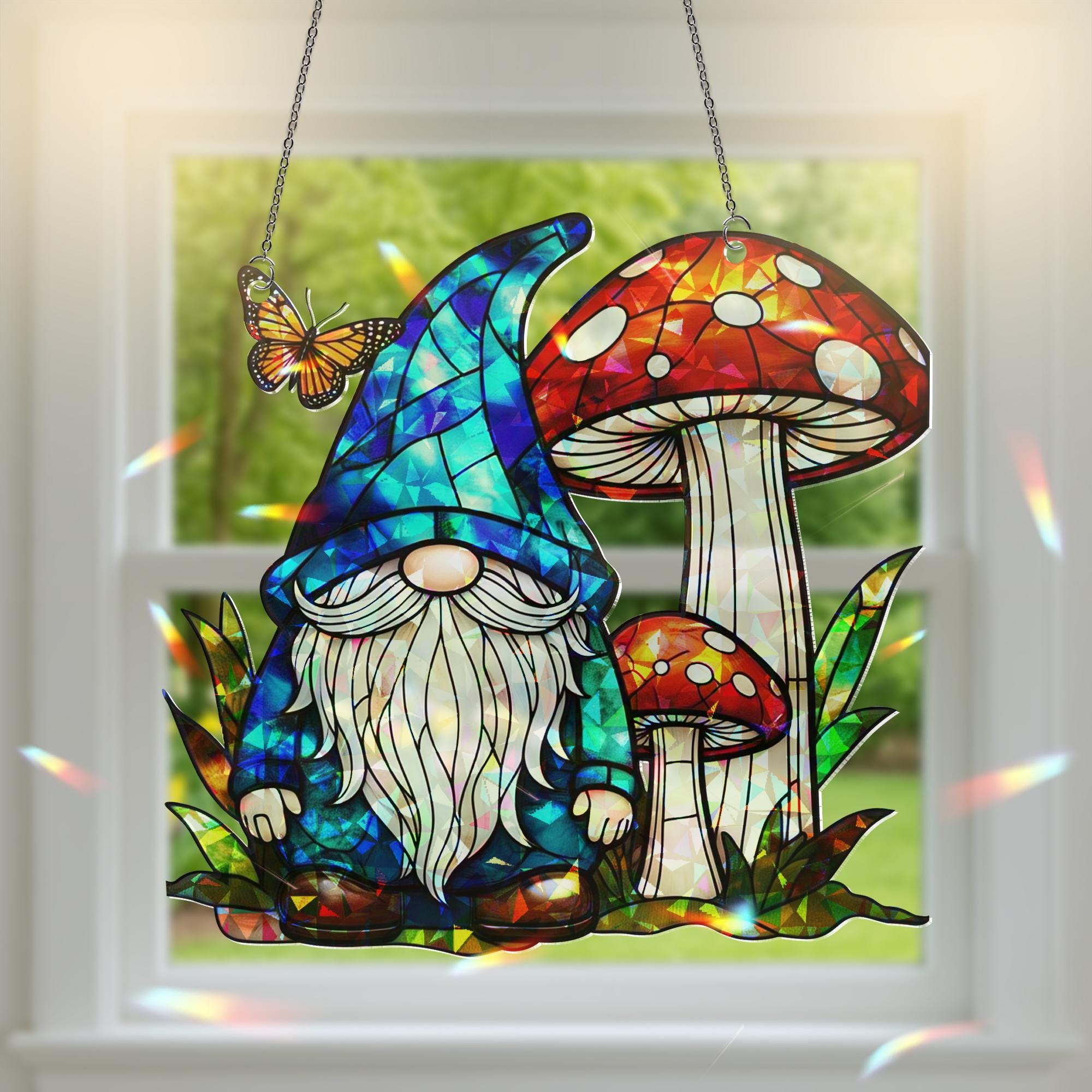 Whimsical Gnome and Mushroom Hologram Acrylic Window Hanging – Fairy Garden Decor, Gift for Gnome Lovers, Fantasy Home Decor