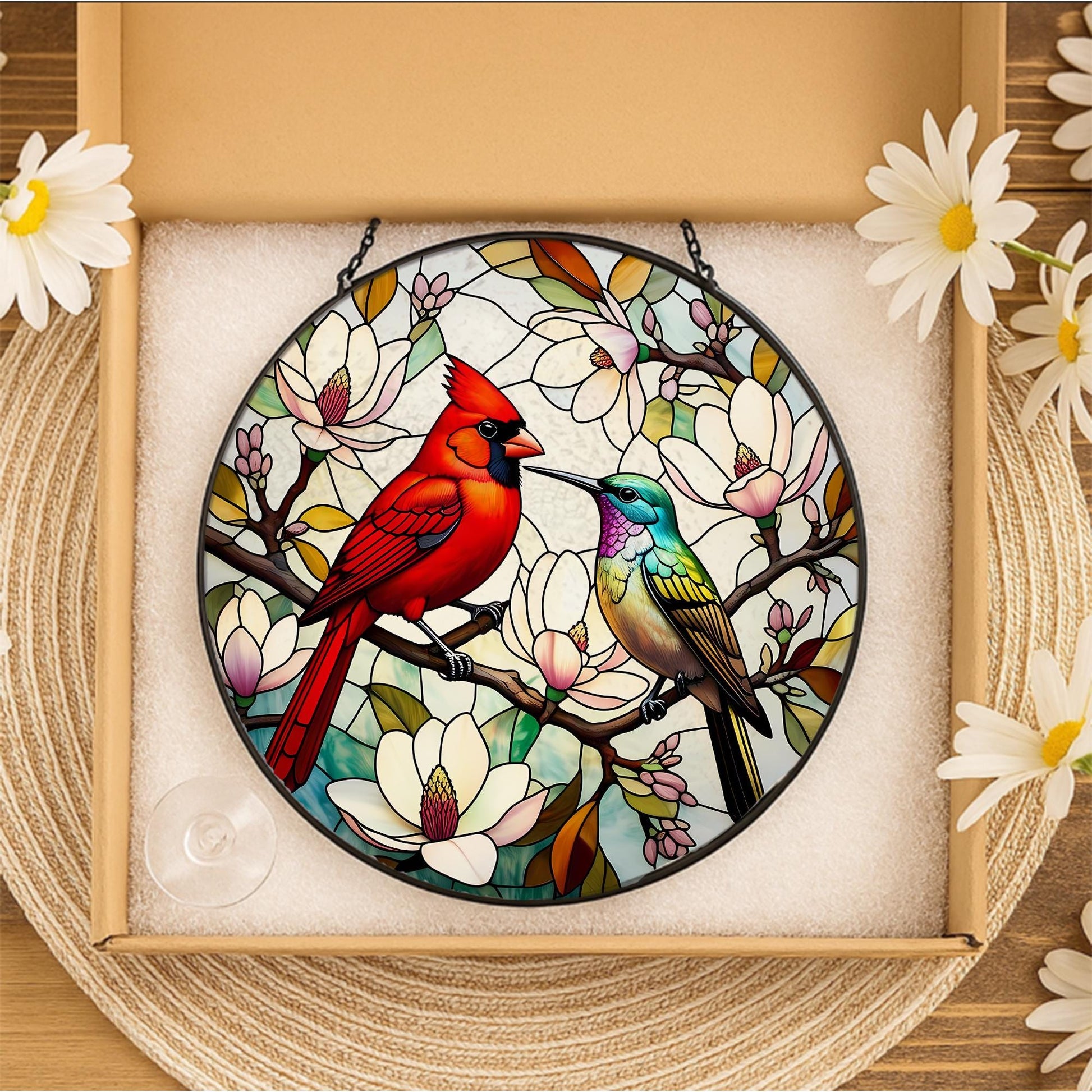 Cardinal & Hummingbird Glass Suncatcher - Vibrant Birds Among Magnolia Blossoms Window Hanging - Nature Inspired Home Decor Gift, Bird Lover