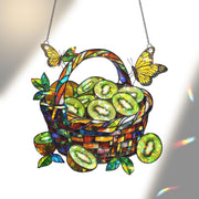 Kiwi Fruit Basket Hologram Window Hanging Decor with Butterflies, Unique Gift for Fruit Lovers, Fruit Lover Gift