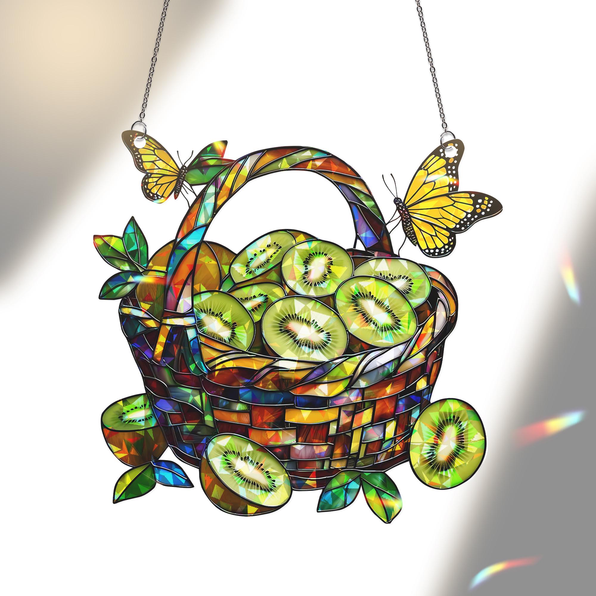 Kiwi Fruit Basket Hologram Window Hanging Decor with Butterflies, Unique Gift for Fruit Lovers, Fruit Lover Gift