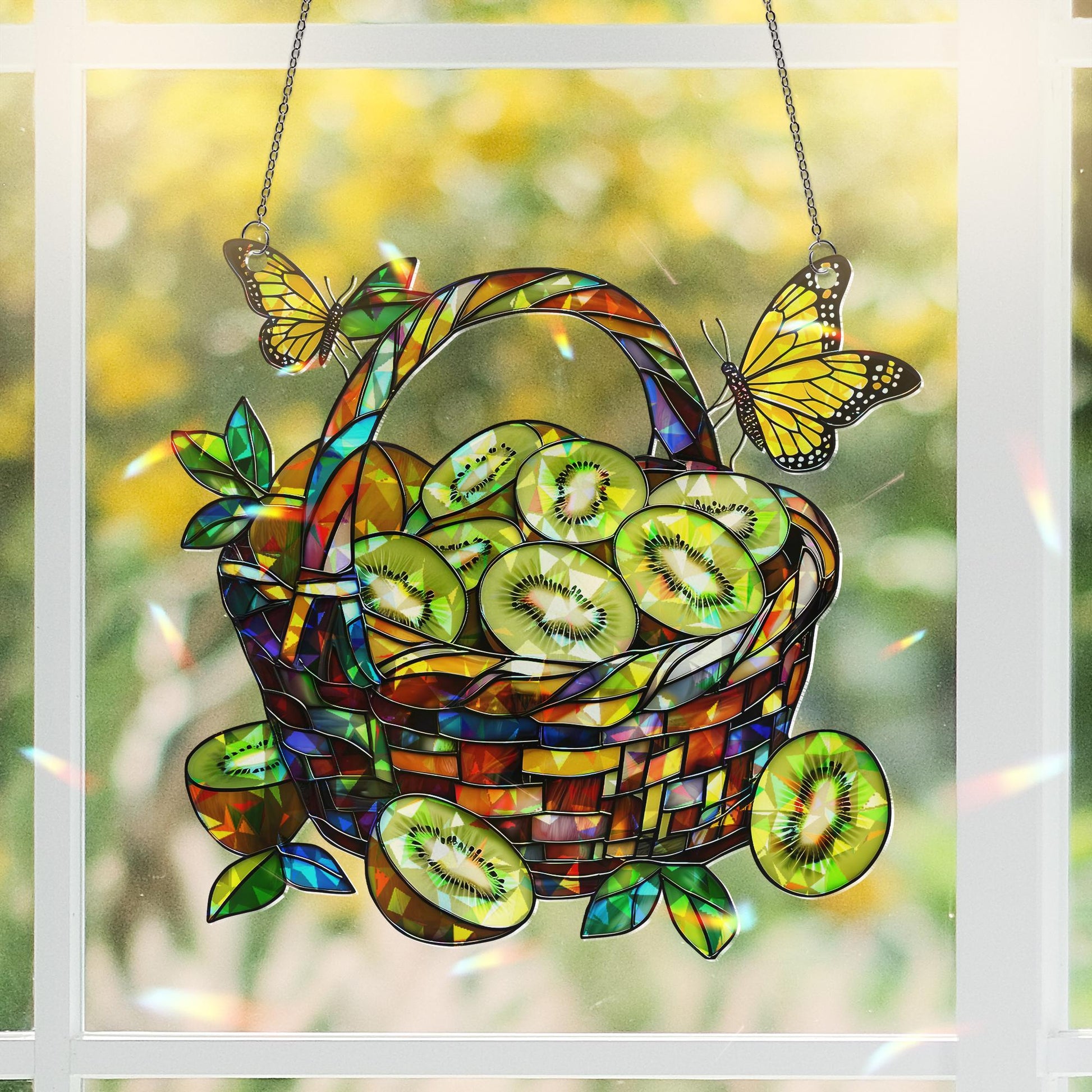 Kiwi Fruit Basket Hologram Window Hanging Decor with Butterflies, Unique Gift for Fruit Lovers, Fruit Lover Gift