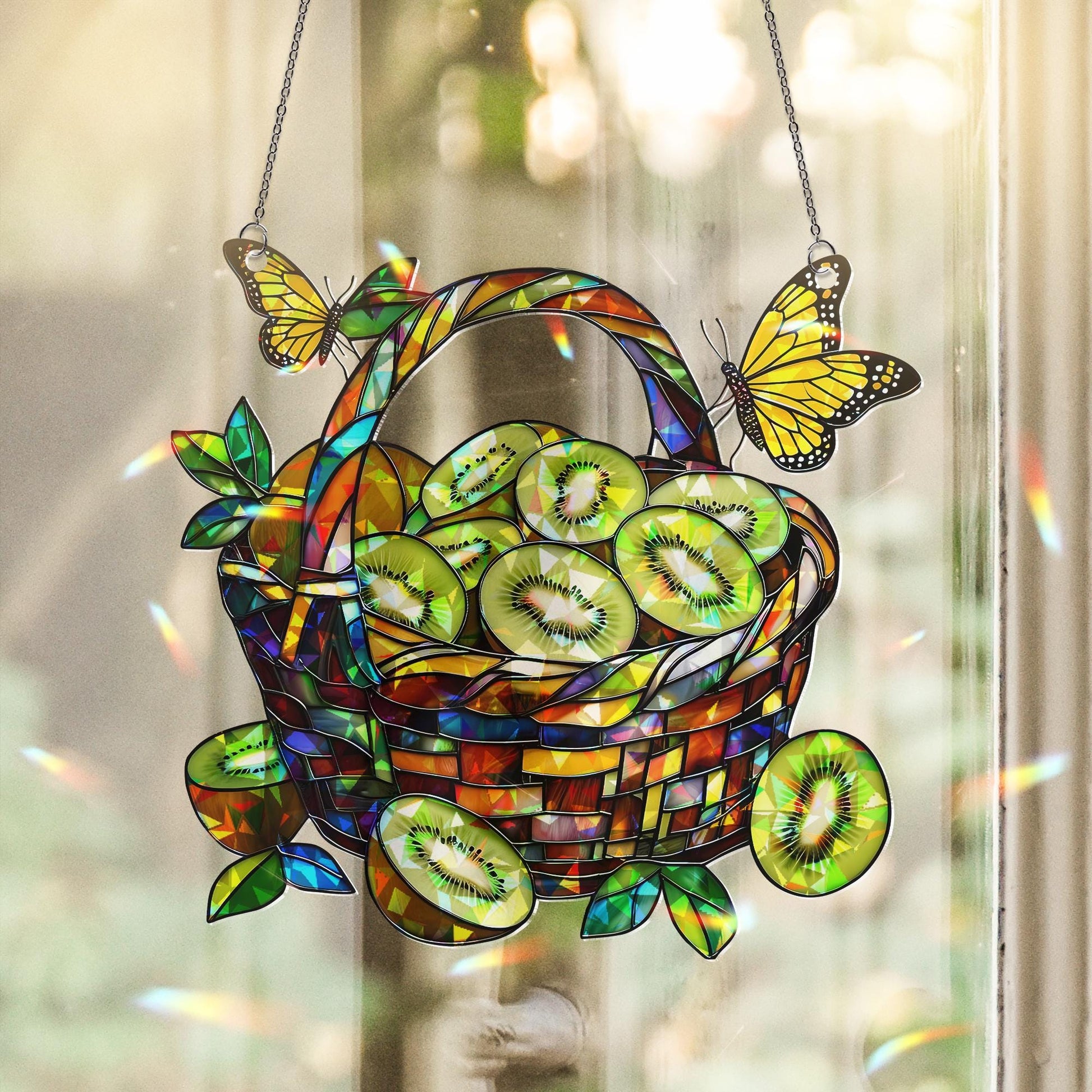 Kiwi Fruit Basket Hologram Window Hanging Decor with Butterflies, Unique Gift for Fruit Lovers, Fruit Lover Gift