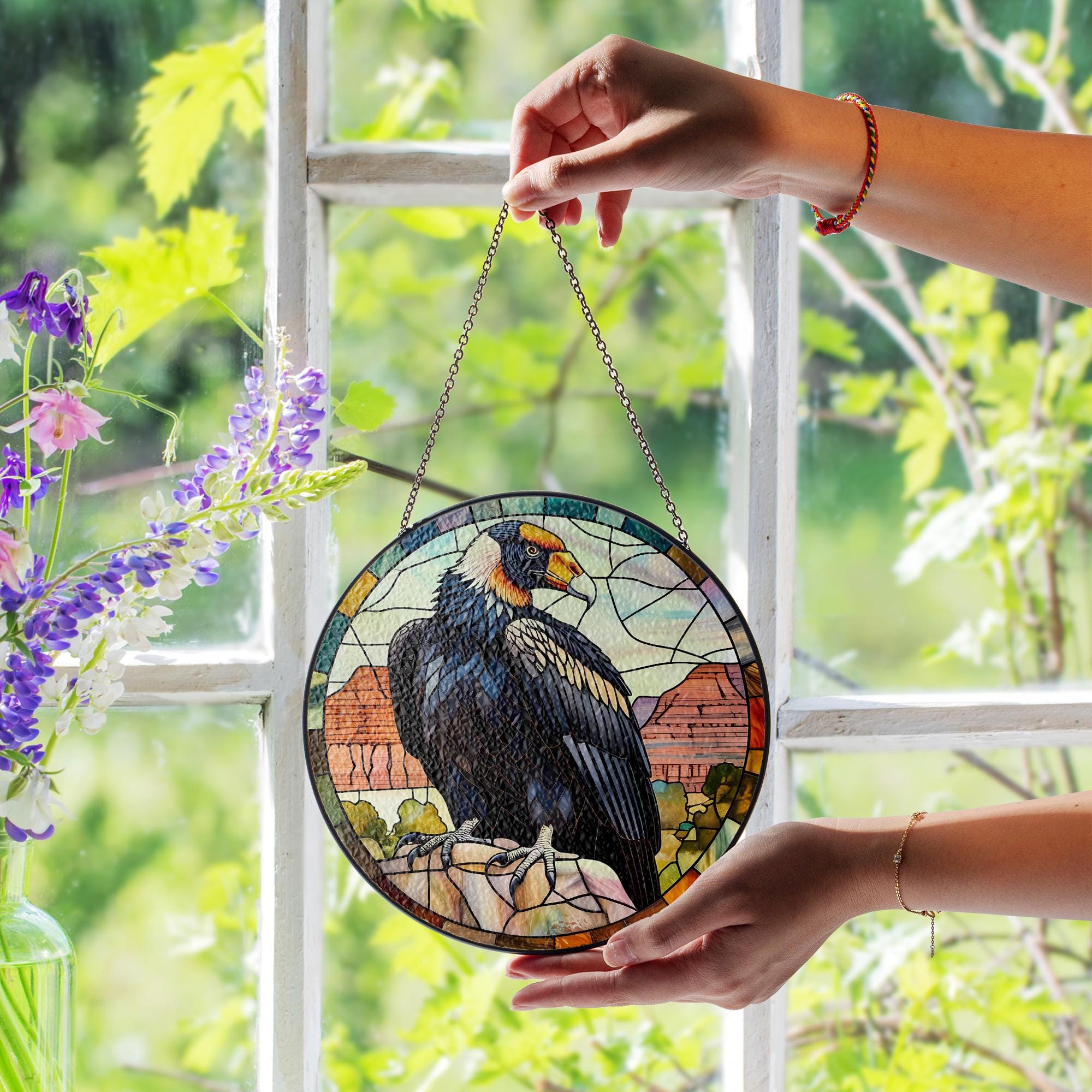 California Condor Glass Suncatcher – Stained Glass Style Bird Window Hanging, Southwest Nature Decor, Wildlife Lover Gift