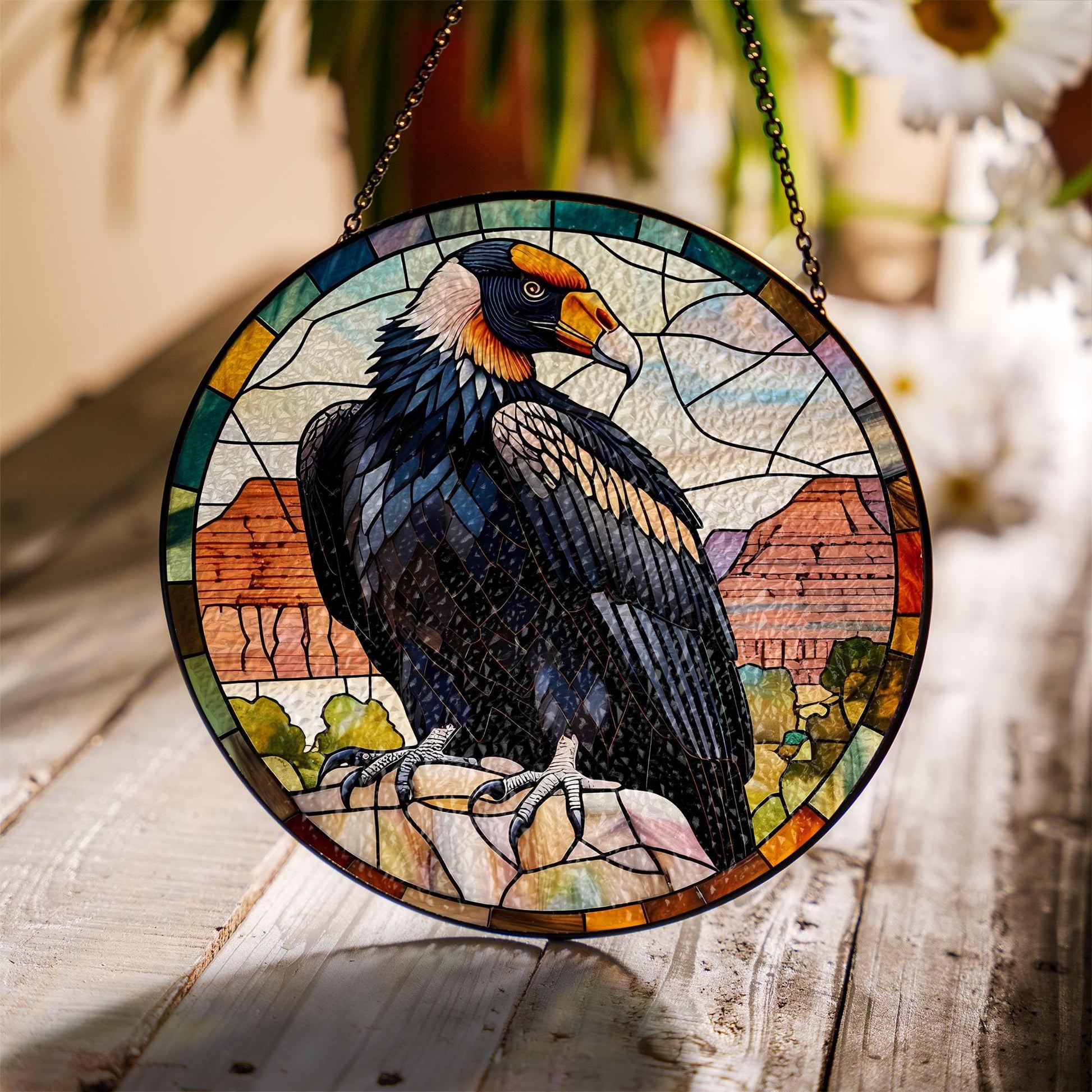 California Condor Glass Suncatcher – Stained Glass Style Bird Window Hanging, Southwest Nature Decor, Wildlife Lover Gift