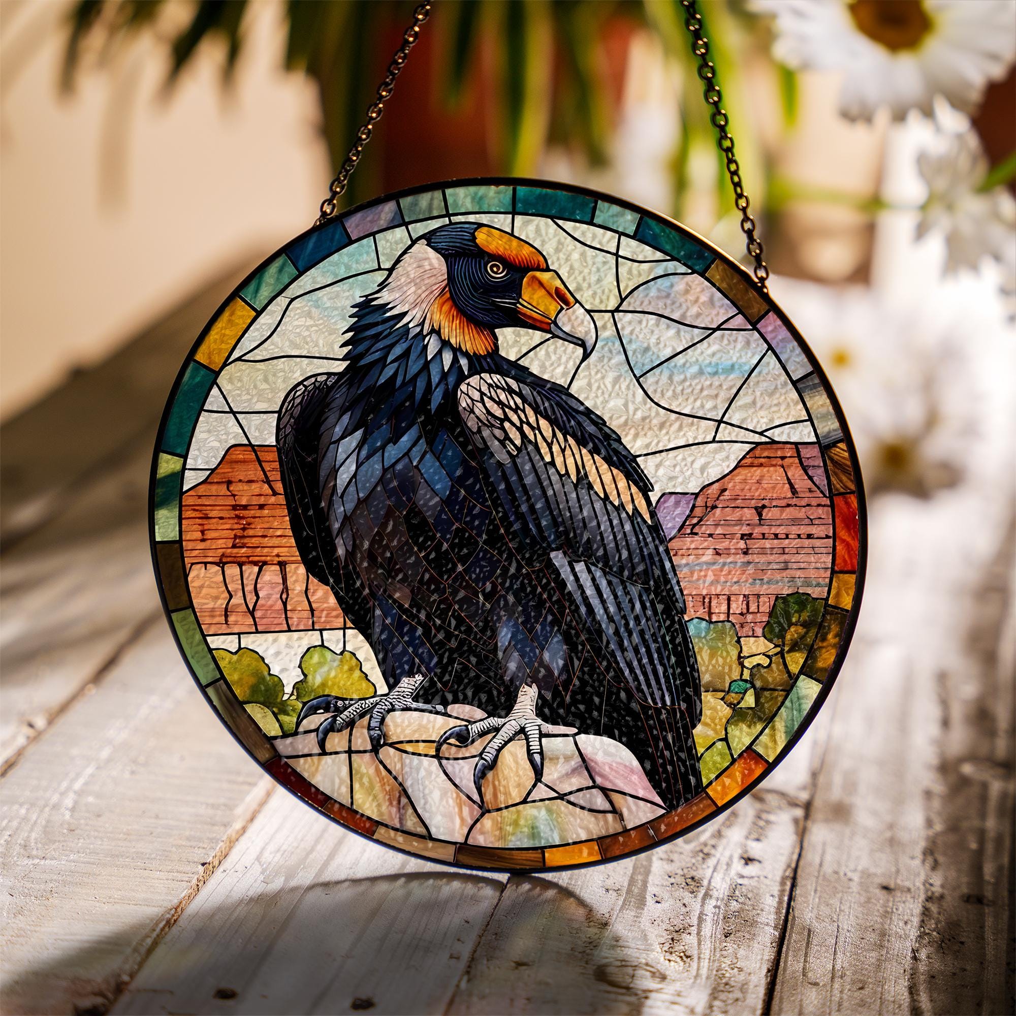 California Condor Glass Suncatcher – Stained Glass Style Bird Window Hanging, Southwest Nature Decor, Wildlife Lover Gift