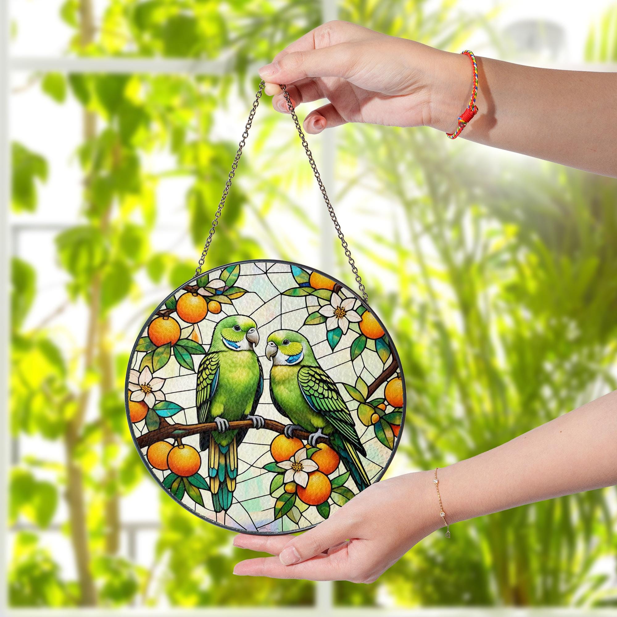 Vibrant Parrot Glass Suncatcher with Lush Orange Tree Design, Handcrafted Window Hanging Art for Bird Lovers and Home Decor Enthusiasts