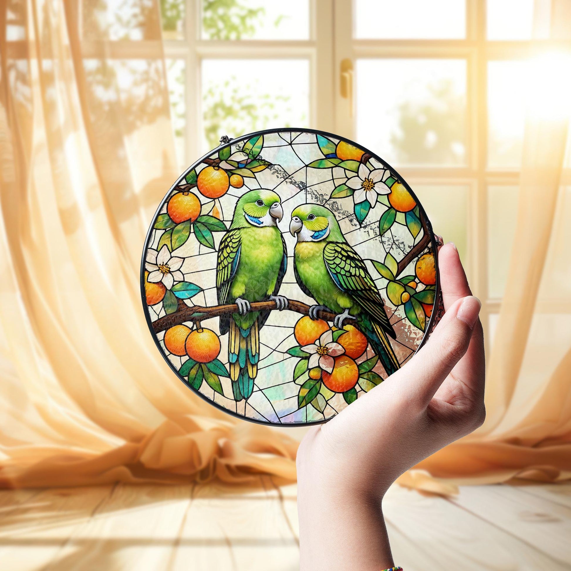 Vibrant Parrot Glass Suncatcher with Lush Orange Tree Design, Handcrafted Window Hanging Art for Bird Lovers and Home Decor Enthusiasts