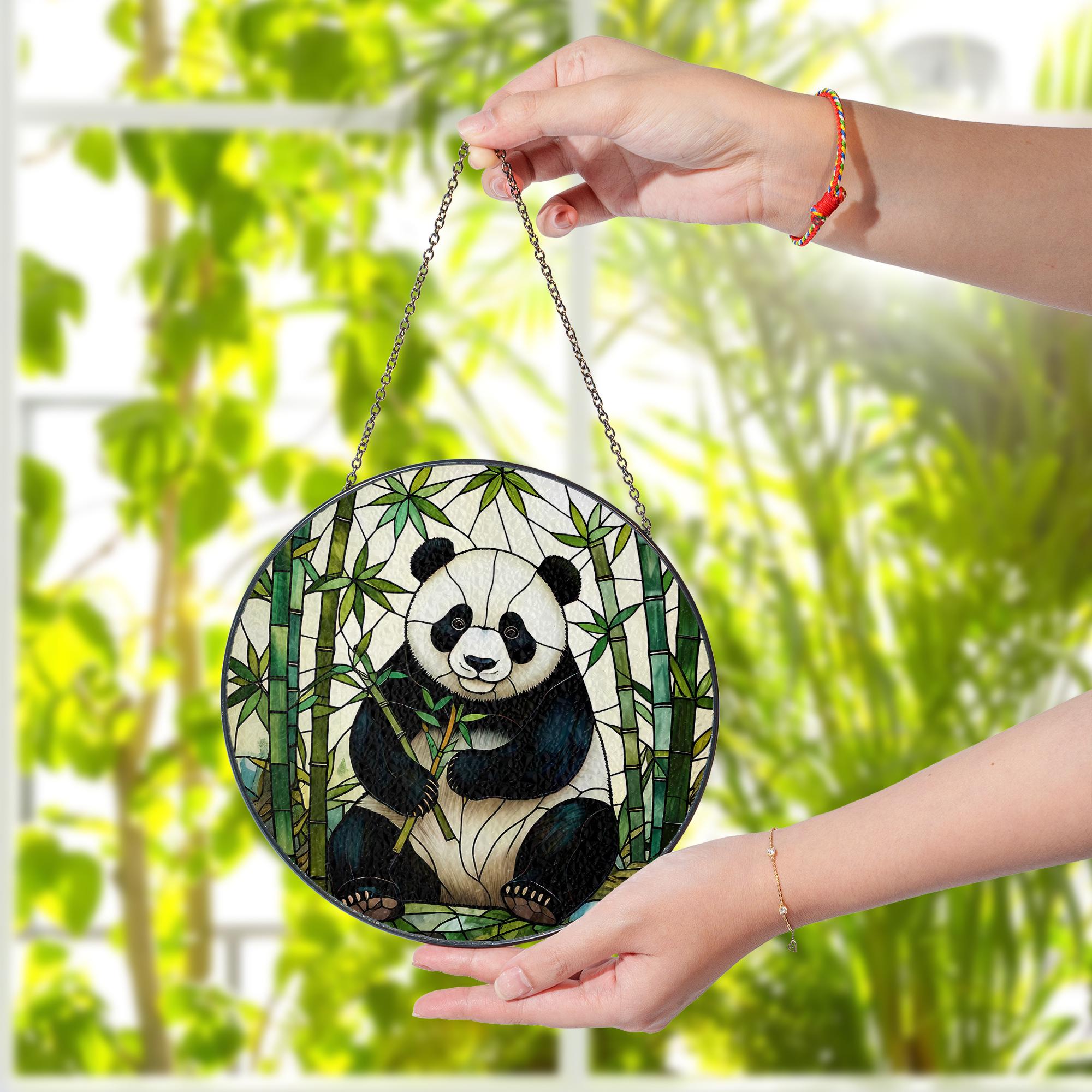 Panda Bamboo Glass Suncatcher, Cute Animal Window Hanging, Nature Inspired Home Decor, Unique Gift for Panda Lovers, Wildlife Art