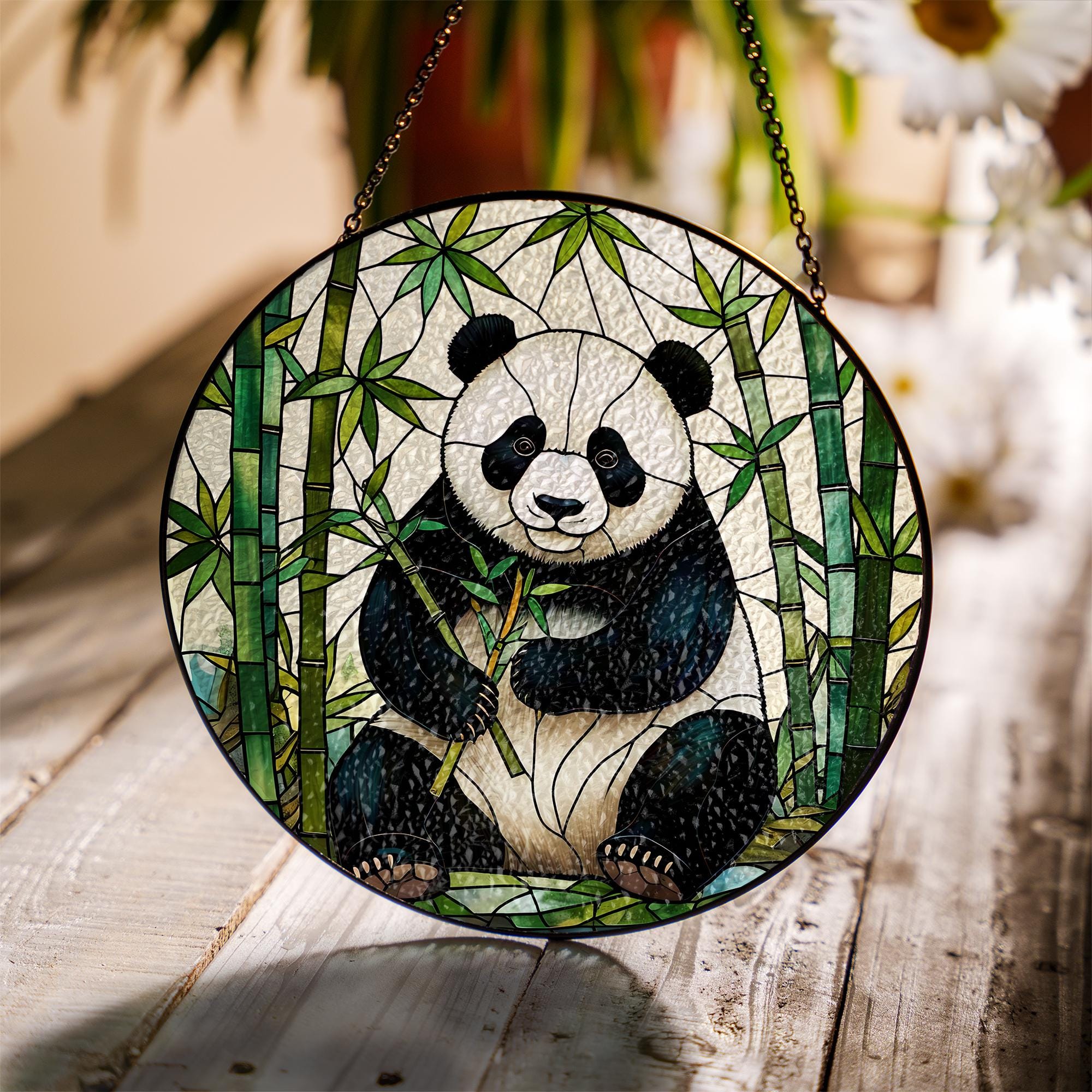 Panda Bamboo Glass Suncatcher, Cute Animal Window Hanging, Nature Inspired Home Decor, Unique Gift for Panda Lovers, Wildlife Art