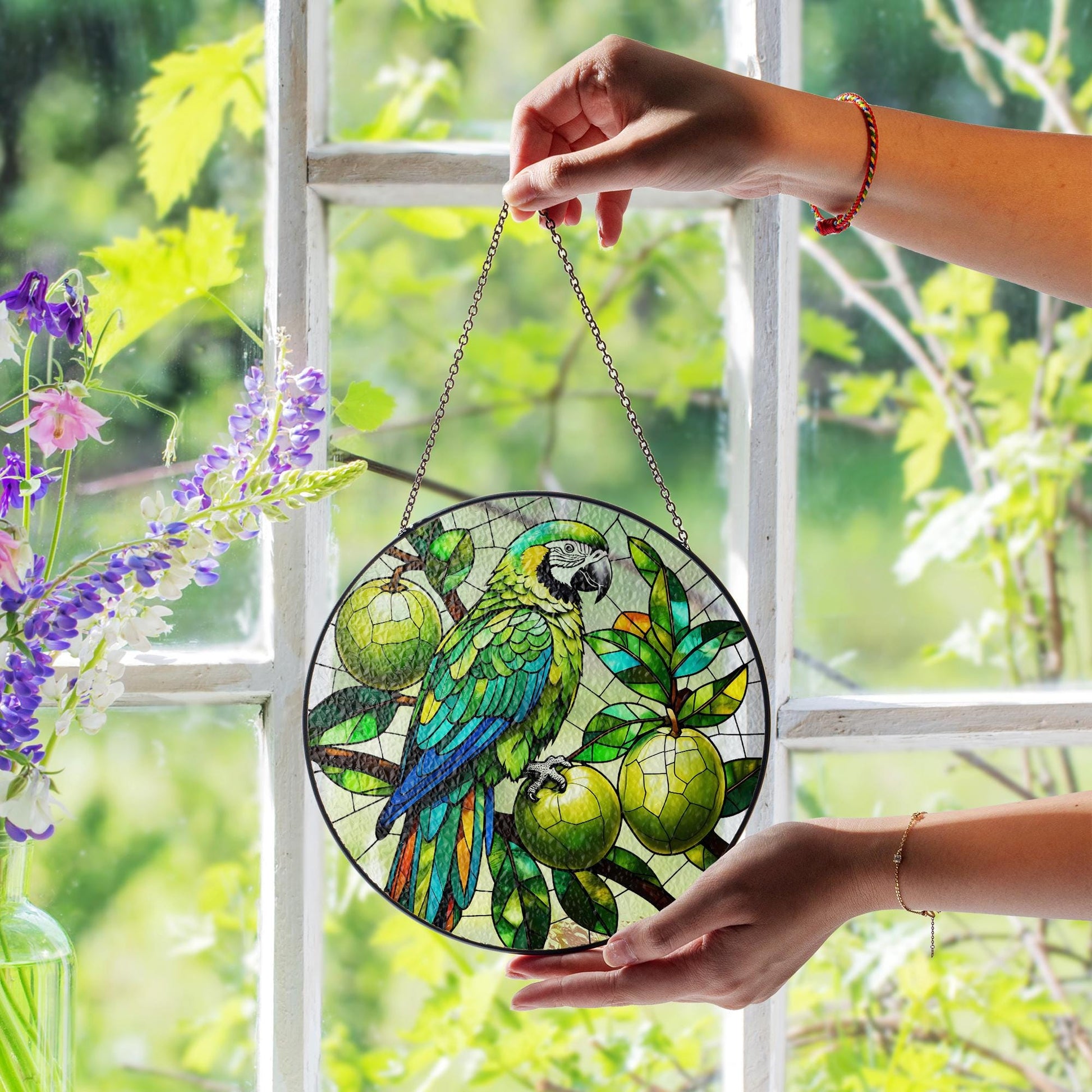 Tropical Parrot Glass Suncatcher – Colorful Bird Window Hanging, Stained Glass Style Jungle Decor, Exotic Fruit Lover Gift, Bird Lover Gift