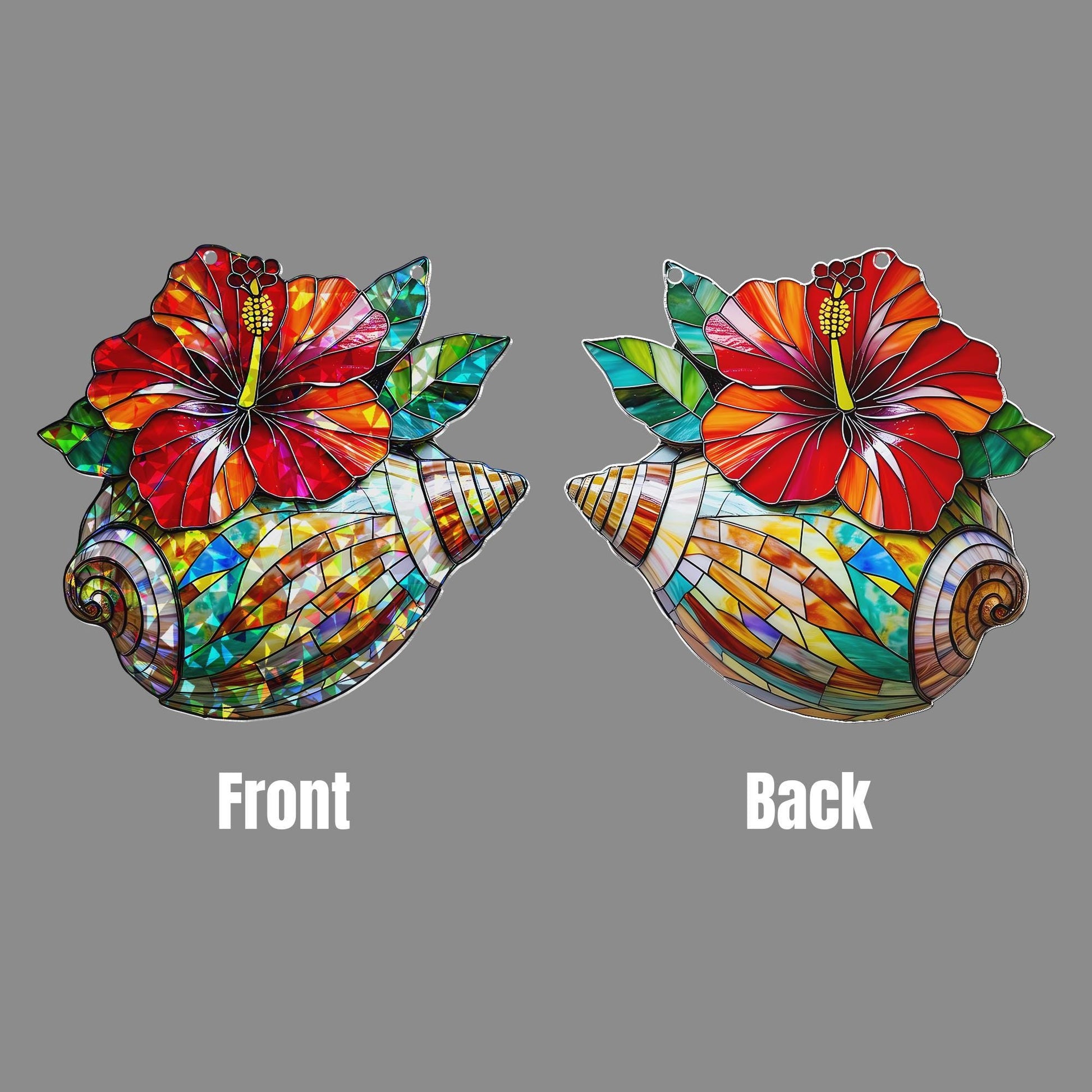 Tropical Hibiscus Flower & Seashell Acrylic Hologram Window Hanging - Vibrant Beach Decor, Coastal Art, Summer Ornament, Gift for Her