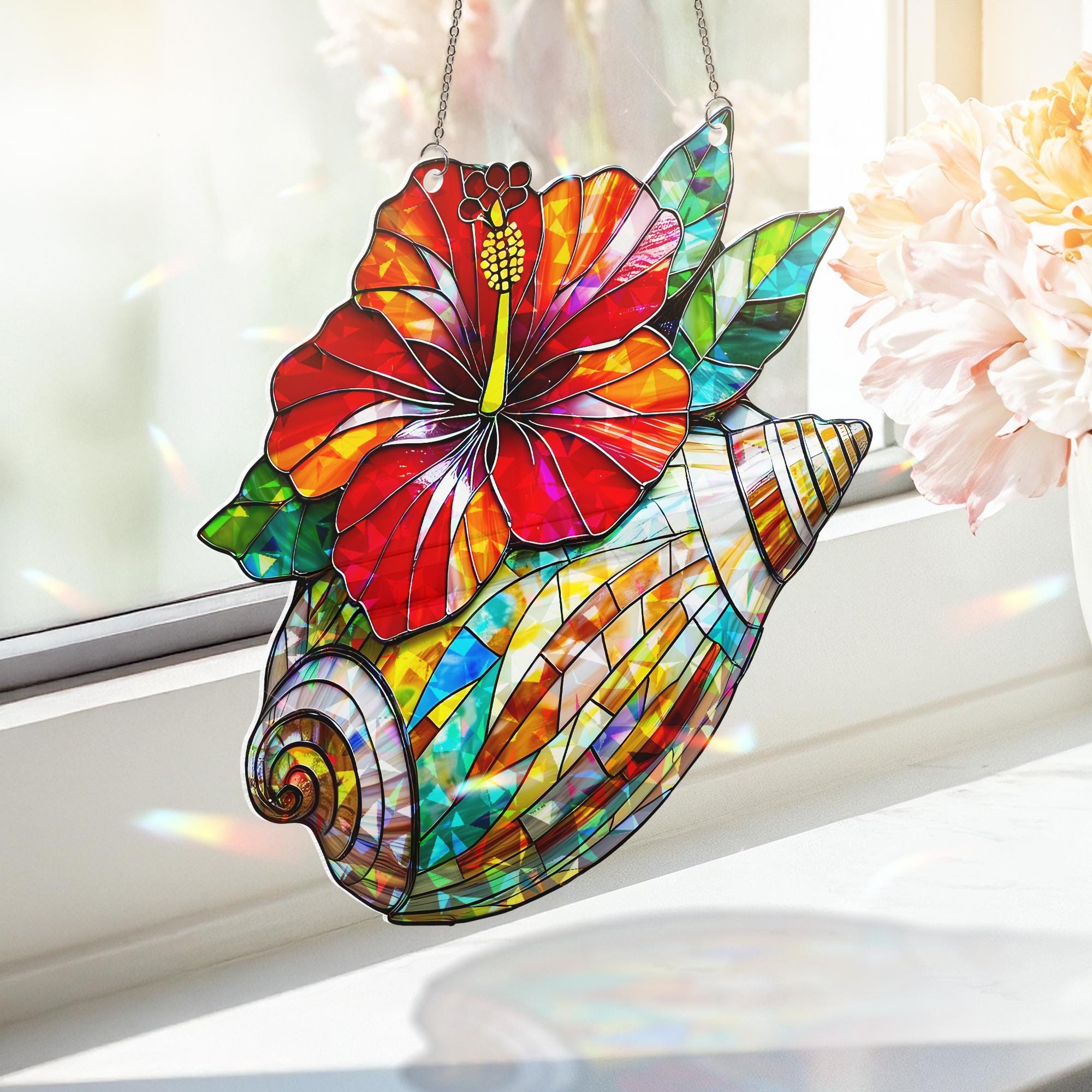 Tropical Hibiscus Flower & Seashell Acrylic Hologram Window Hanging - Vibrant Beach Decor, Coastal Art, Summer Ornament, Gift for Her
