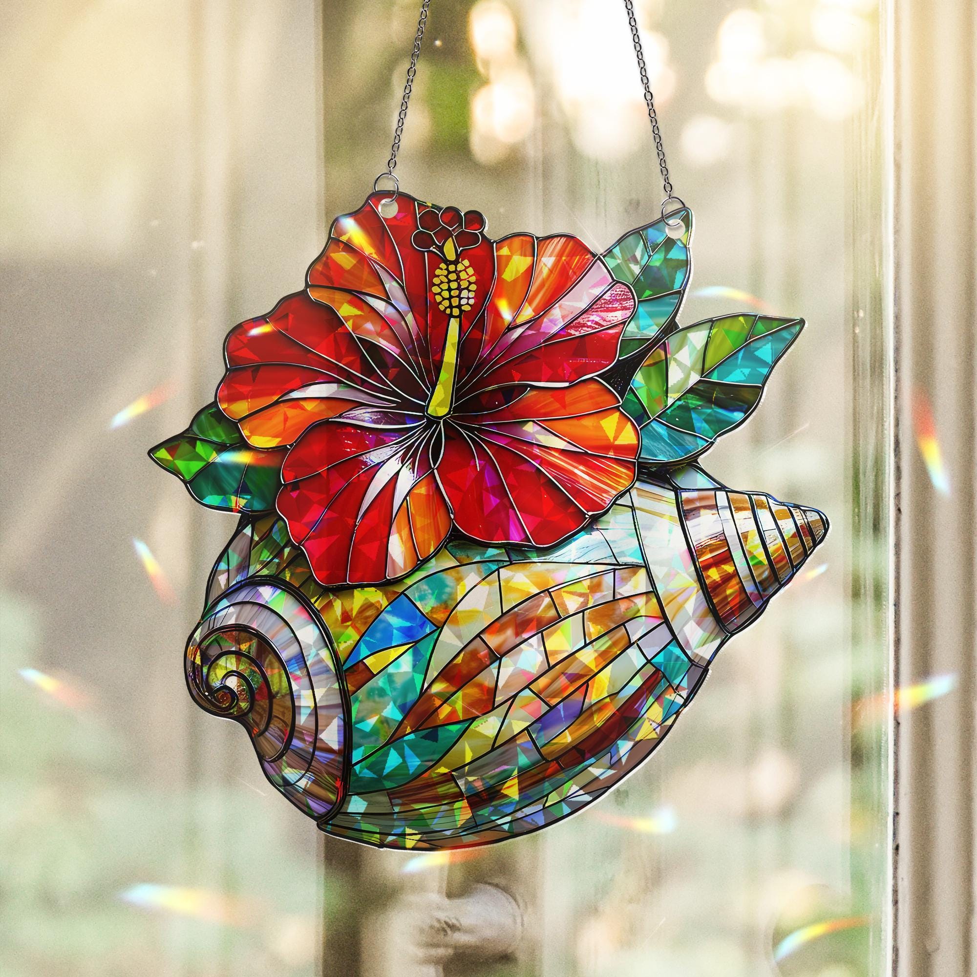 Tropical Hibiscus Flower & Seashell Acrylic Hologram Window Hanging - Vibrant Beach Decor, Coastal Art, Summer Ornament, Gift for Her