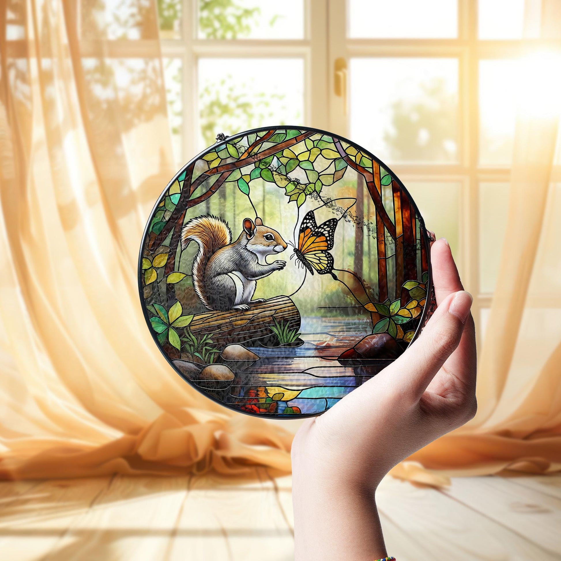 Handmade Squirrel Butterfly Glass Suncatcher, Window Hanging Ornament, Woodland Nature Scene Decor, Unique Animal Lover Gift