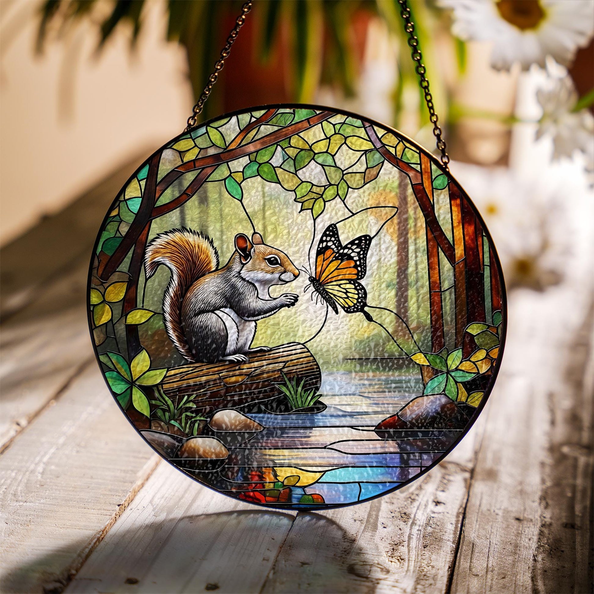 Handmade Squirrel Butterfly Glass Suncatcher, Window Hanging Ornament, Woodland Nature Scene Decor, Unique Animal Lover Gift