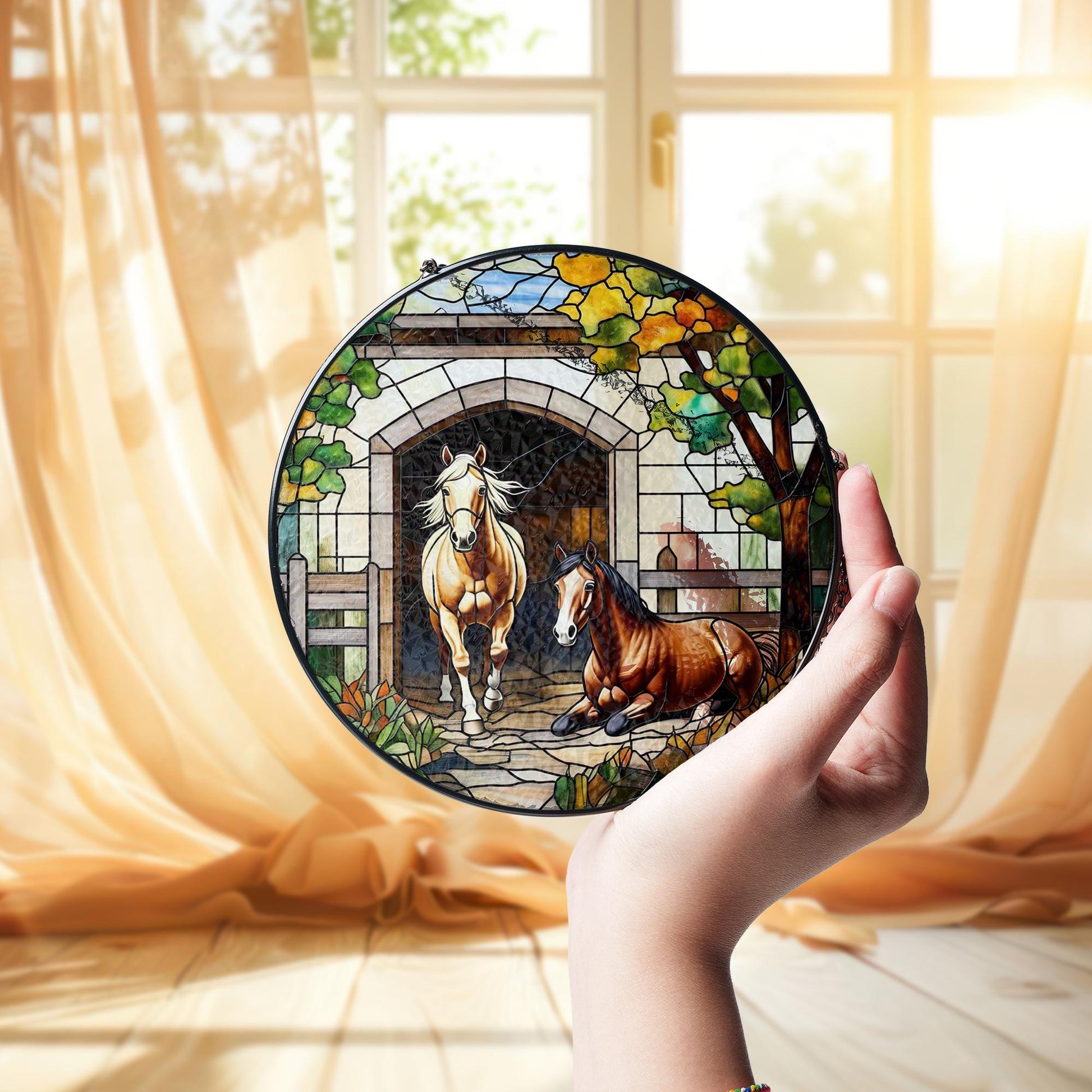 Rustic Horse Glass Suncatcher – Stained Glass Style Farmhouse Window Decor, Equestrian Gift, Barn Scene Art for Horse Lovers