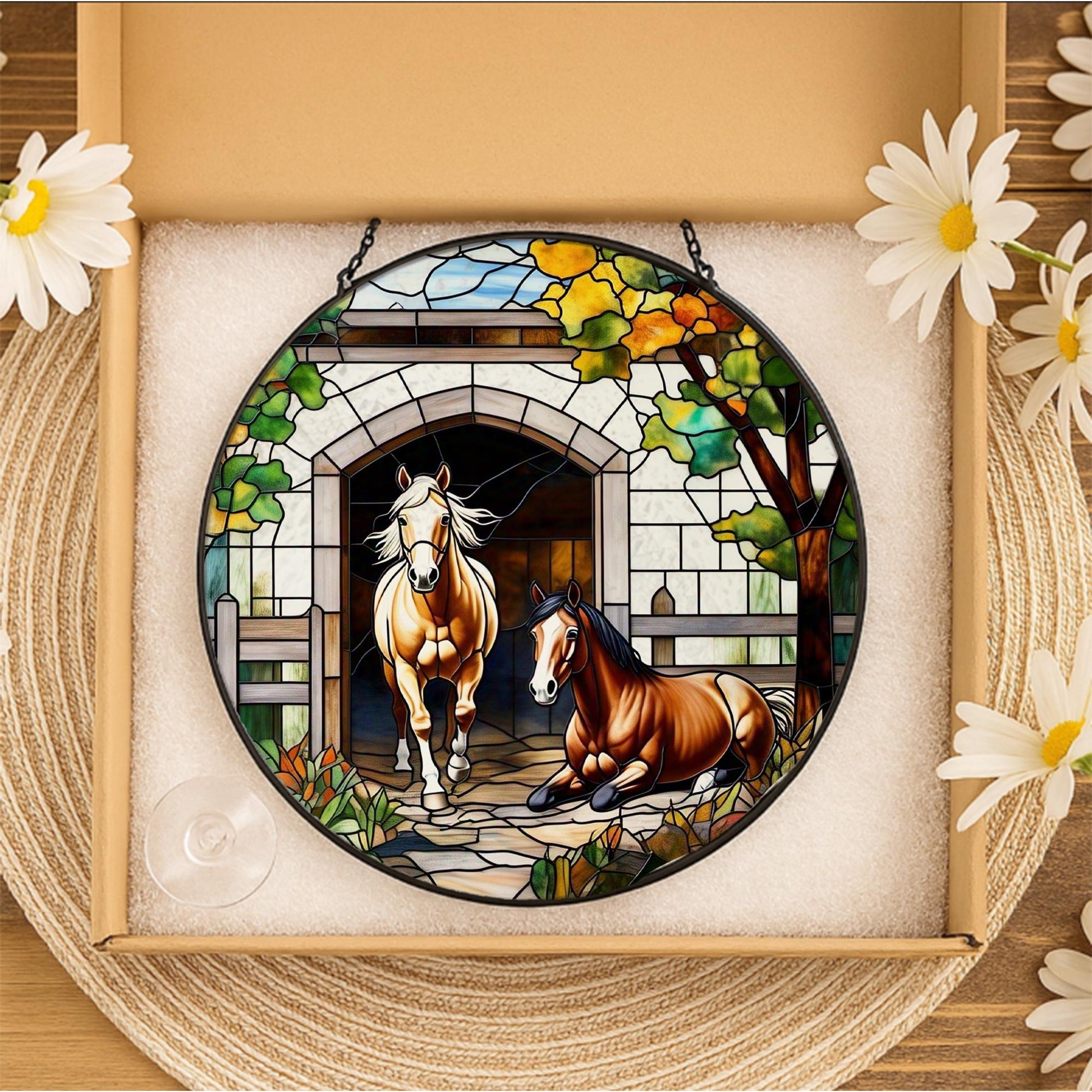 Rustic Horse Glass Suncatcher – Stained Glass Style Farmhouse Window Decor, Equestrian Gift, Barn Scene Art for Horse Lovers