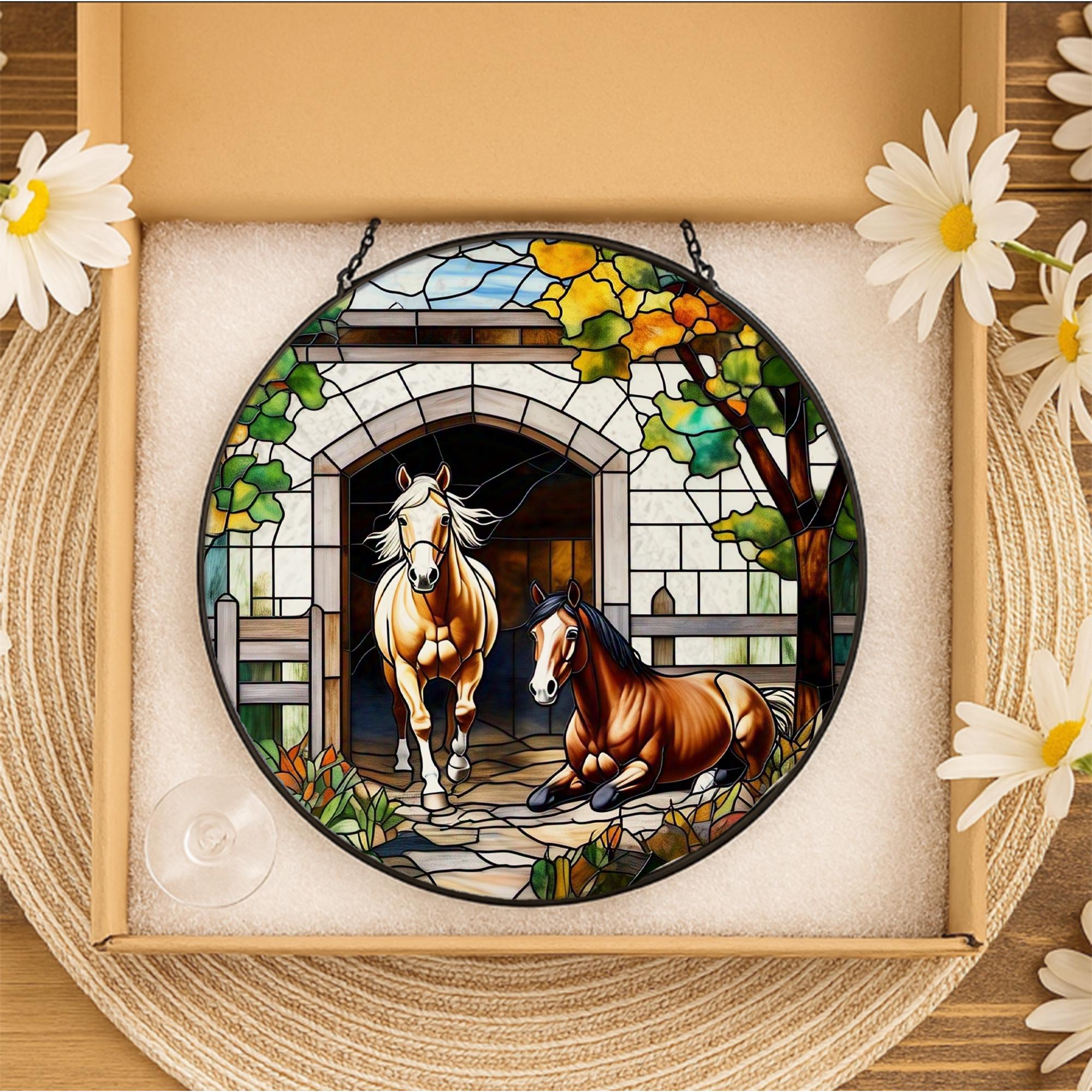 Rustic Horse Glass Suncatcher – Stained Glass Style Farmhouse Window Decor, Equestrian Gift, Barn Scene Art for Horse Lovers