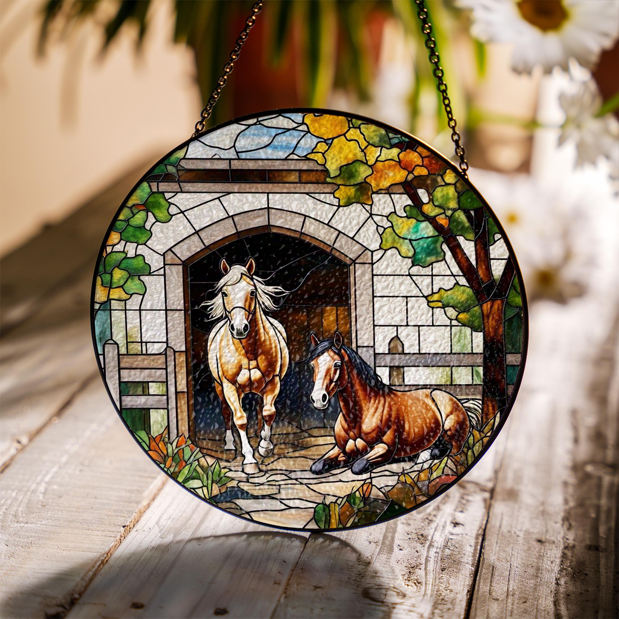 Rustic Horse Glass Suncatcher – Stained Glass Style Farmhouse Window Decor, Equestrian Gift, Barn Scene Art for Horse Lovers