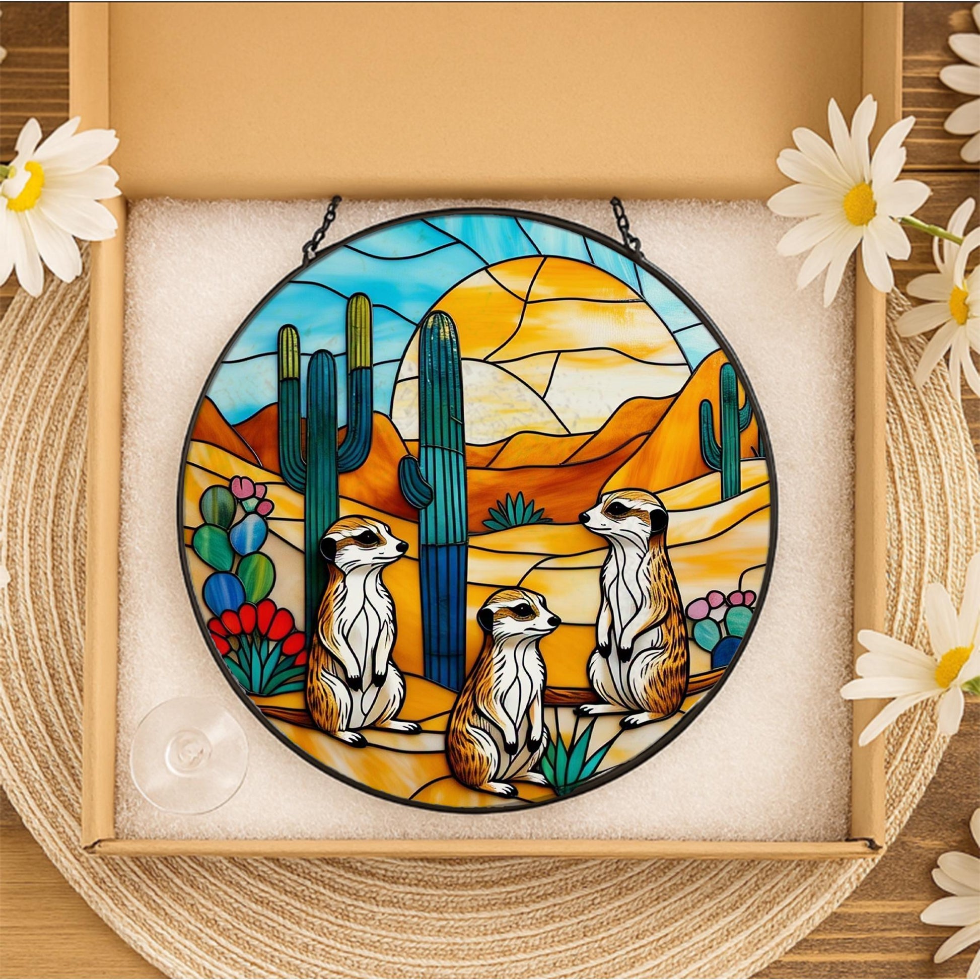 Desert Meerkat Glass Suncatcher – Colorful Round Stained Glass Window Hanging with Cactus Landscape, Wildlife Gift Decor