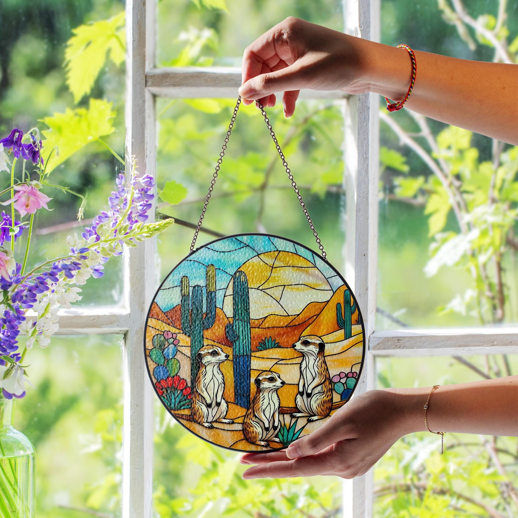 Desert Meerkat Glass Suncatcher – Colorful Round Stained Glass Window Hanging with Cactus Landscape, Wildlife Gift Decor