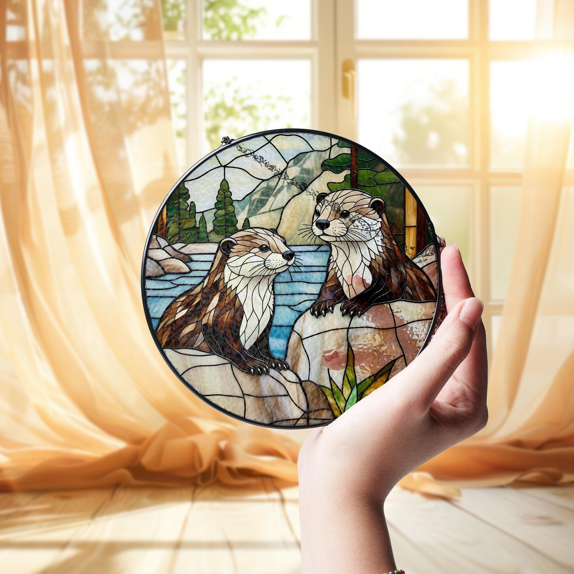 River Otter Glass Suncatcher – Handcrafted Round Stained Glass Window Hanging with Nature Landscape, Woodland Wildlife Home Decor Gift