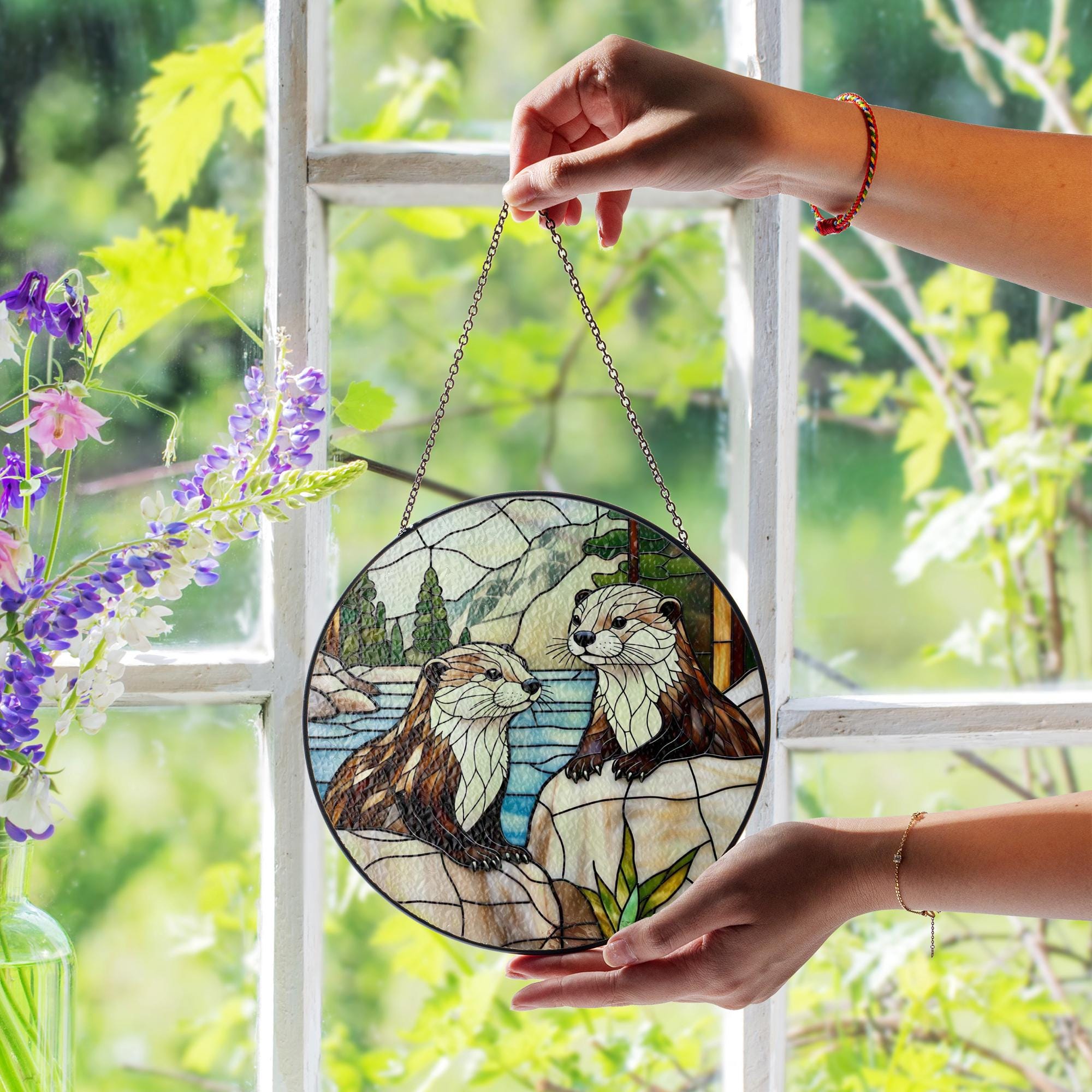 River Otter Glass Suncatcher – Handcrafted Round Stained Glass Window Hanging with Nature Landscape, Woodland Wildlife Home Decor Gift