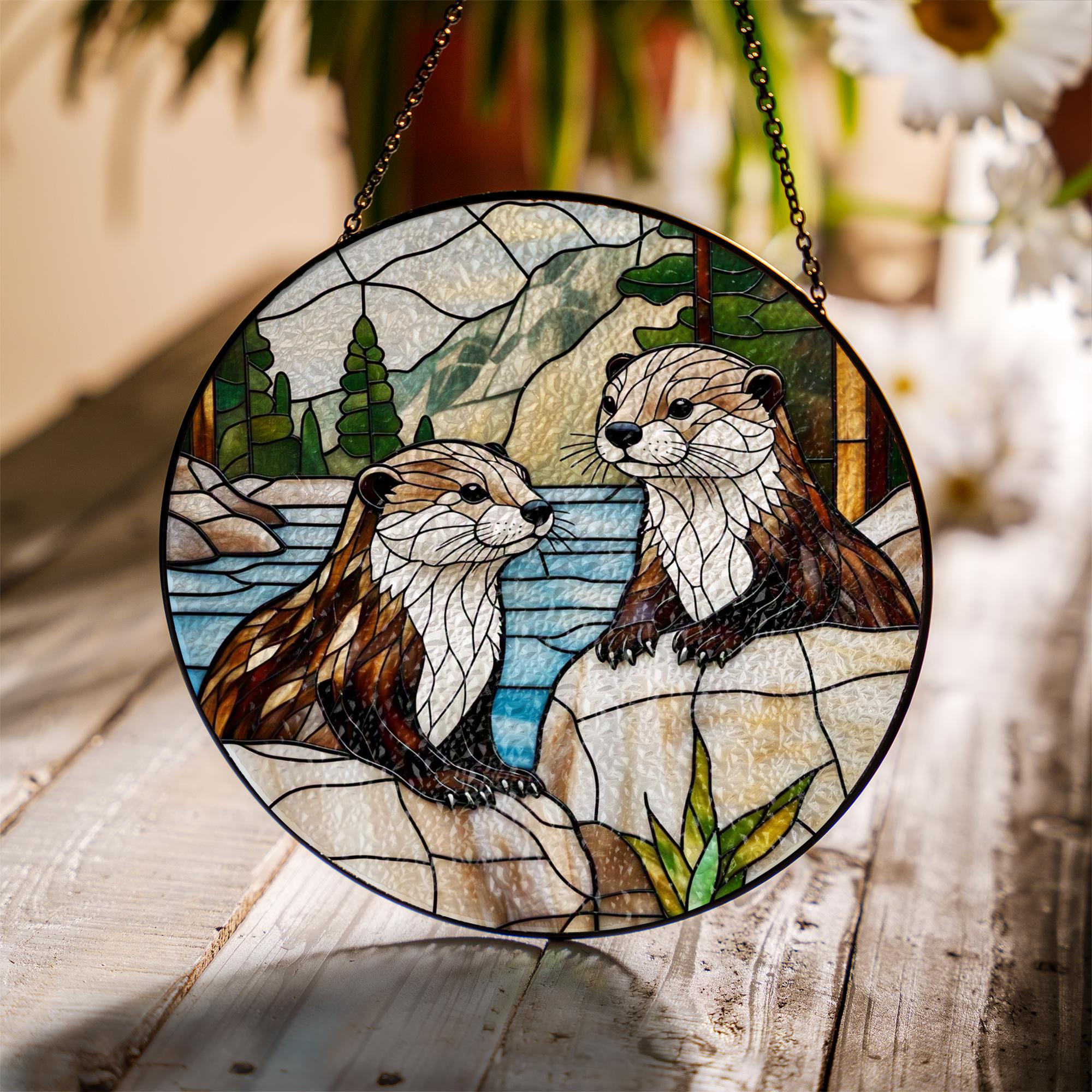 River Otter Glass Suncatcher – Handcrafted Round Stained Glass Window Hanging with Nature Landscape, Woodland Wildlife Home Decor Gift