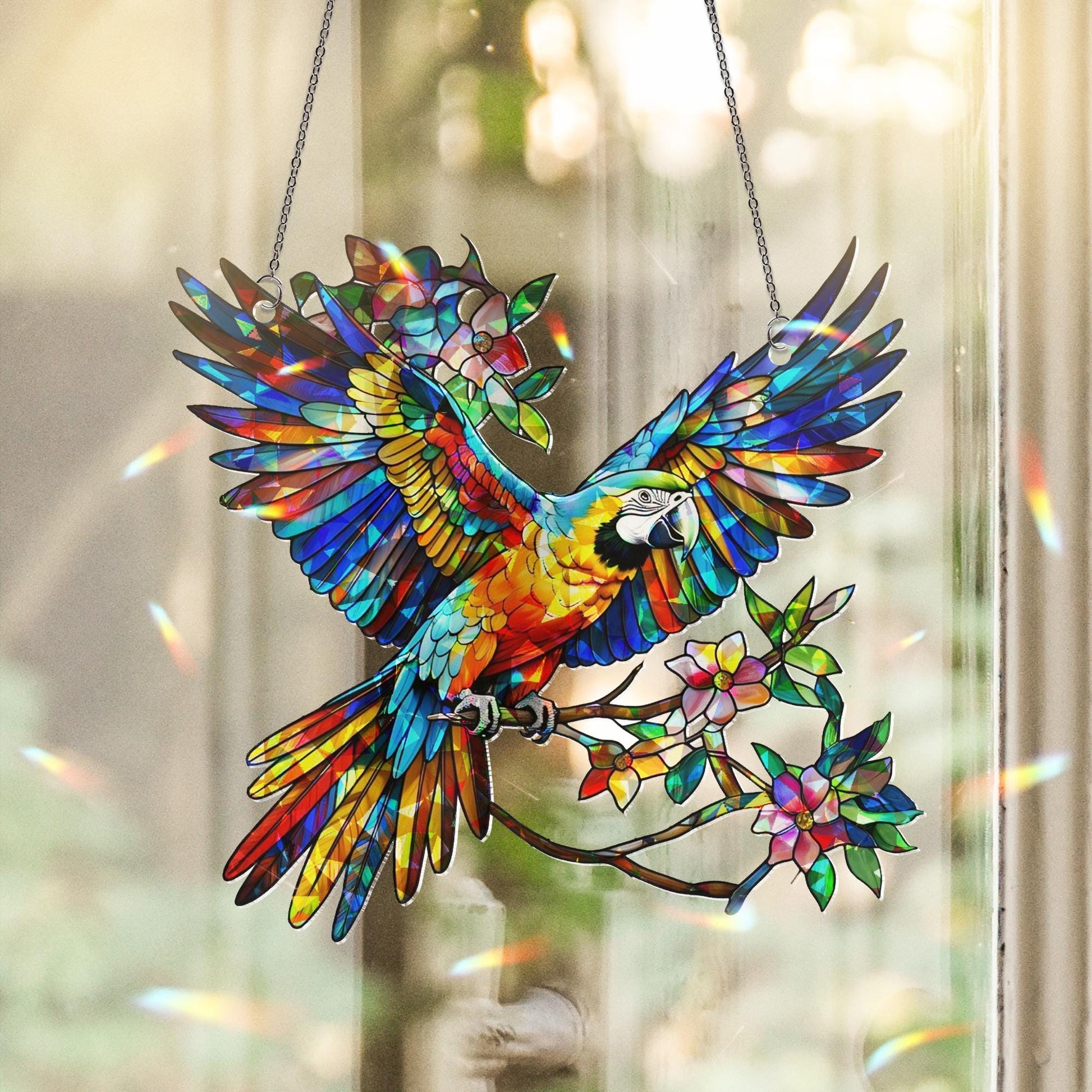 Colorful Macaw Acrylic Window Hanging – Vibrant Parrot Bird Suncatcher with Flowers, Tropical Decor, Rainbow Stained Art Panel Gift