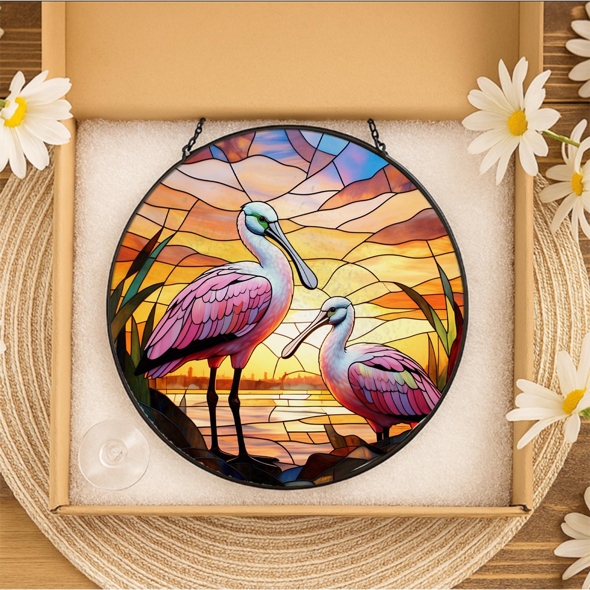 Roseate Spoonbill Glass Suncatcher – Handcrafted Sunset Bird Art Panel, Stained Glass Look Window Hanging, Coastal Nature Decor Gift