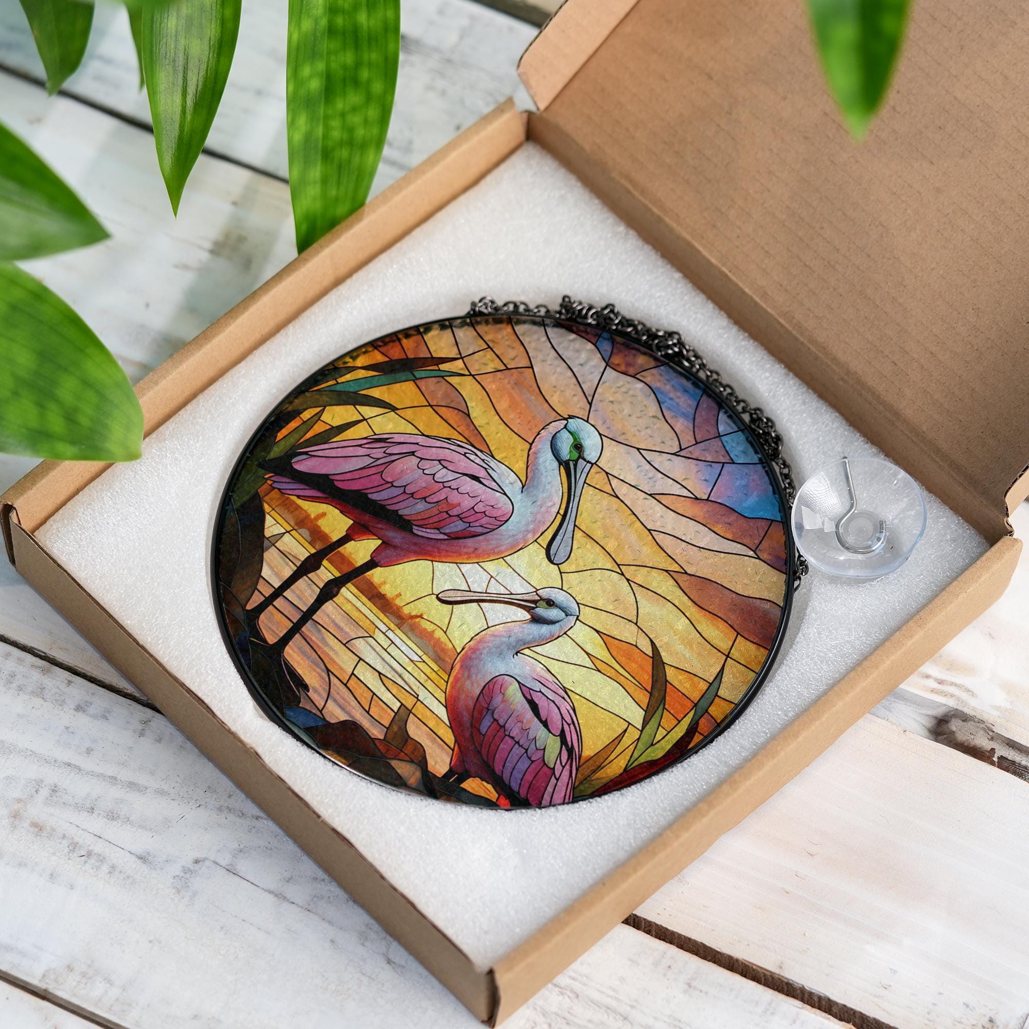 Roseate Spoonbill Glass Suncatcher – Handcrafted Sunset Bird Art Panel, Stained Glass Look Window Hanging, Coastal Nature Decor Gift