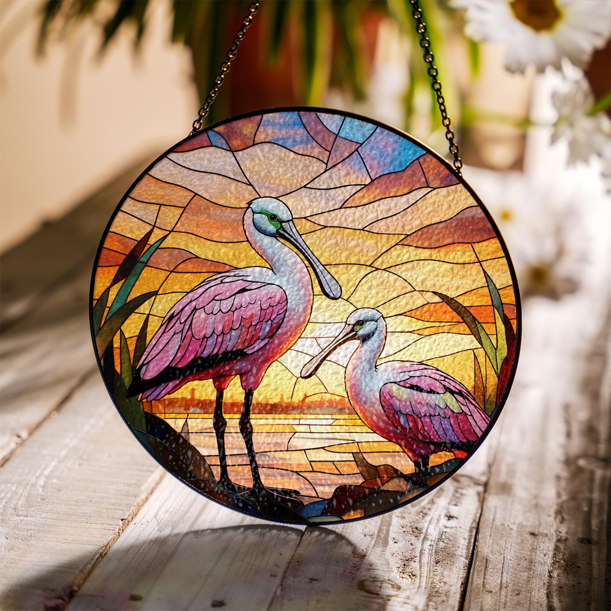 Roseate Spoonbill Glass Suncatcher – Handcrafted Sunset Bird Art Panel, Stained Glass Look Window Hanging, Coastal Nature Decor Gift