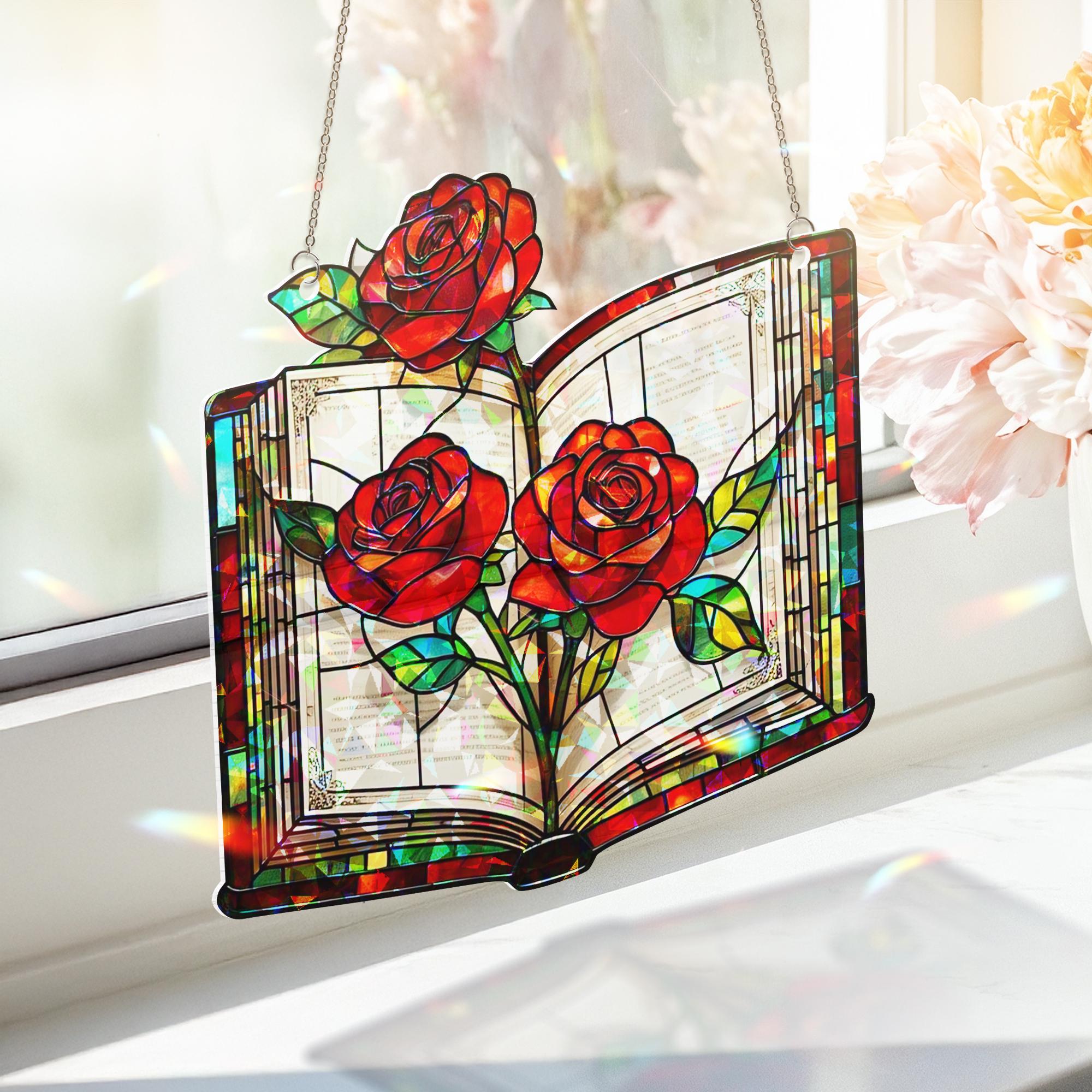 Book and Roses Hologram Acrylic Window Hanging – Stained Glass Look Floral Decor, Romantic Book Lover Gift, Literary Home Art Panel