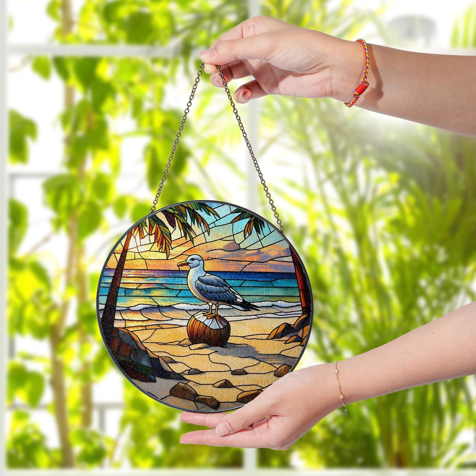 Beach Seagull Glass Suncatcher – Tropical Ocean Sunset Window Hanging, Coastal Decor Gift, Nautical Stained Glass Art Panel