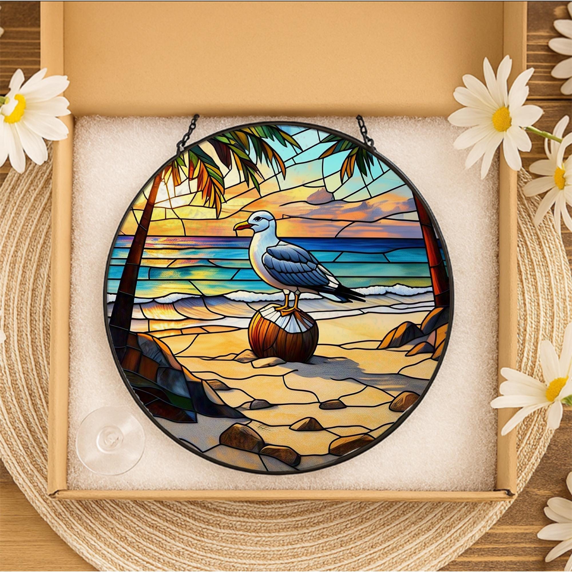 Beach Seagull Glass Suncatcher – Tropical Ocean Sunset Window Hanging, Coastal Decor Gift, Nautical Stained Glass Art Panel