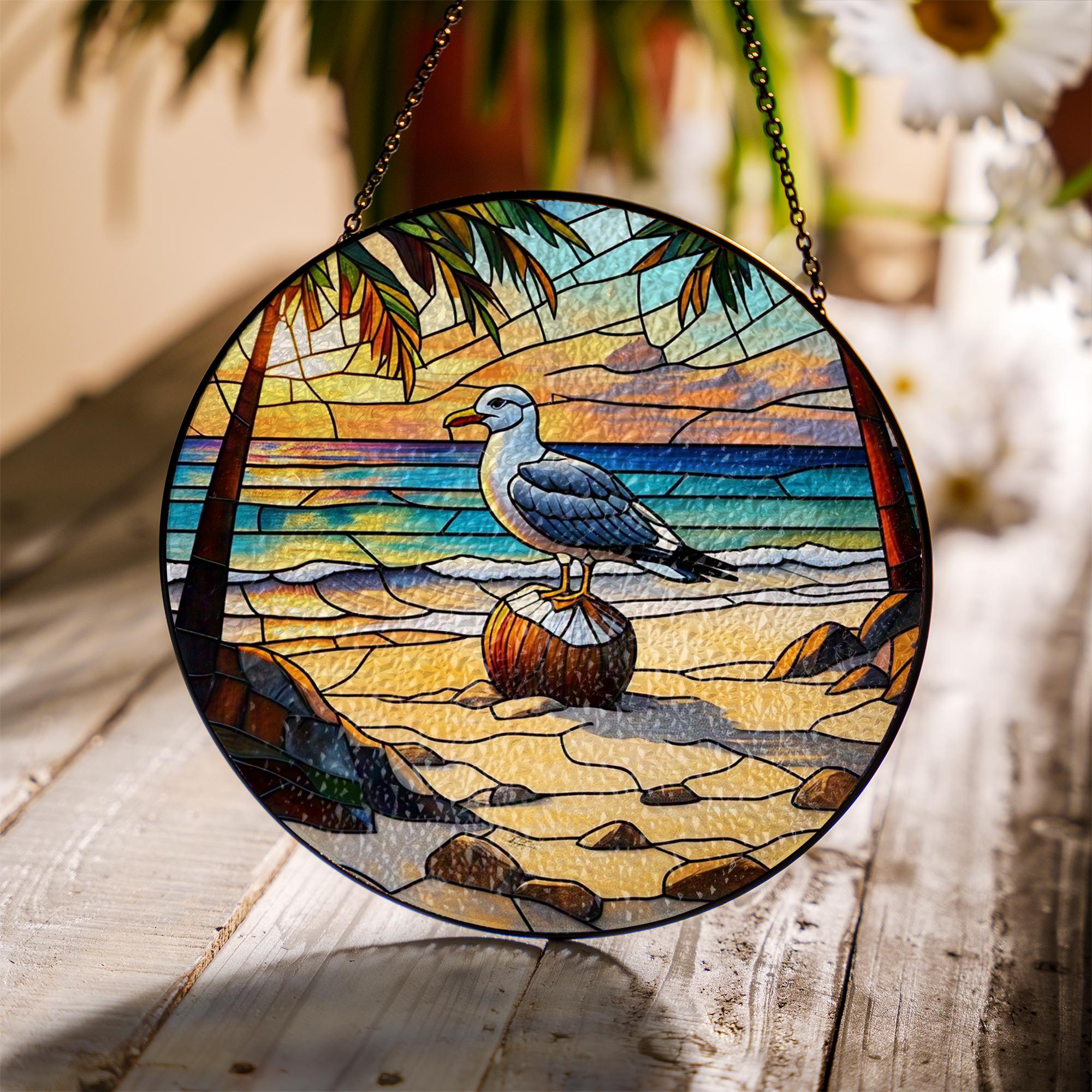 Beach Seagull Glass Suncatcher – Tropical Ocean Sunset Window Hanging, Coastal Decor Gift, Nautical Stained Glass Art Panel