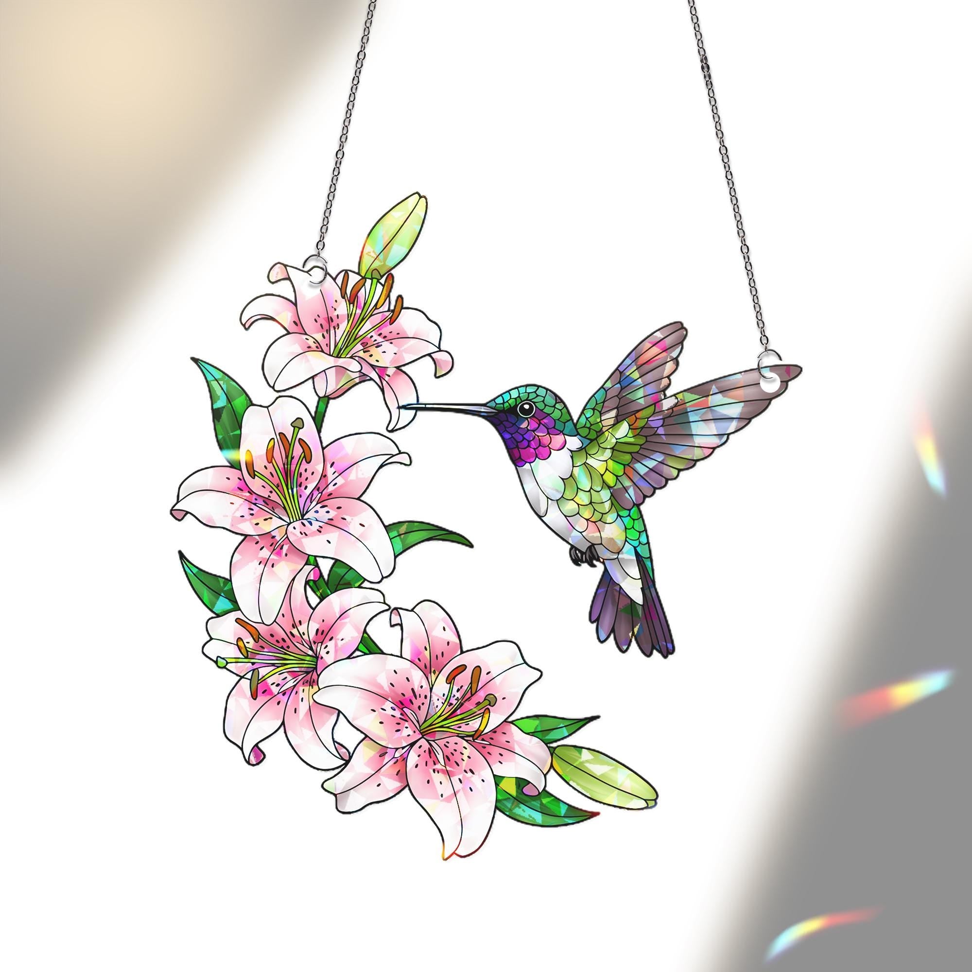Hummingbird and Lily Suncatcher, Holographic Acrylic Window Decor, Pink Stargazer Floral Gift, Spring Garden Hanging Art, Garden Decor