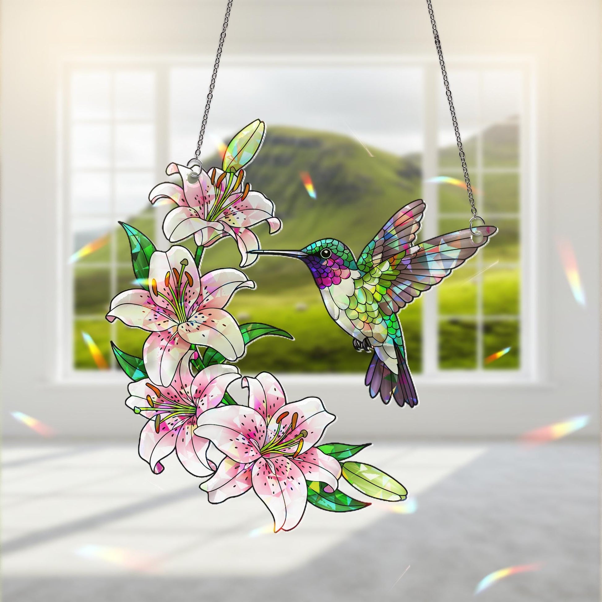 Hummingbird and Lily Suncatcher, Holographic Acrylic Window Decor, Pink Stargazer Floral Gift, Spring Garden Hanging Art, Garden Decor