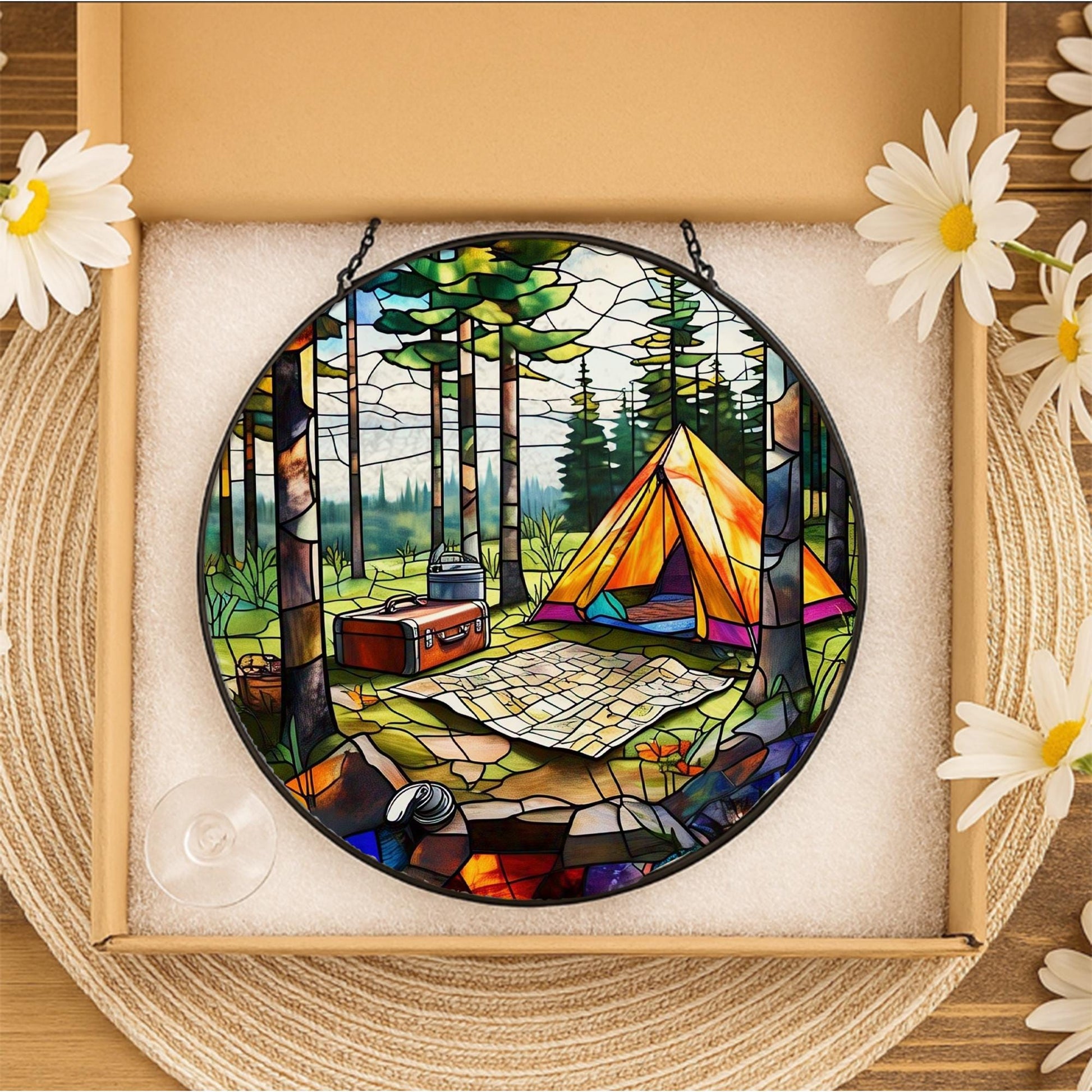 Camping Scene Glass Suncatcher – Forest Tent Window Decor, Nature Lover Gift, Outdoor Adventure Stained Glass Art Panel