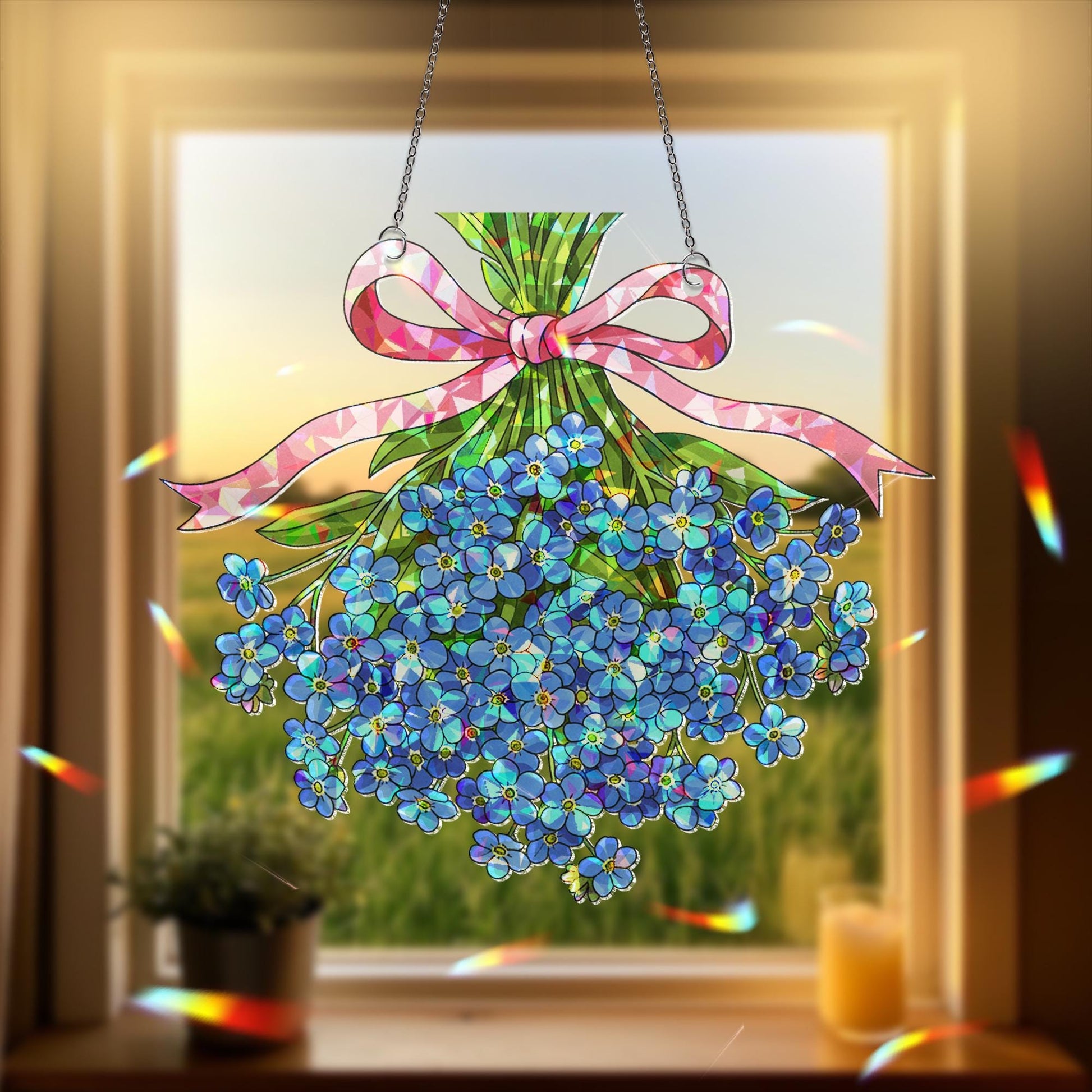 Forget Me Not Holographic Acrylic Flower Decor, Blue Floral Window Hanging, Garden Gift, Memorial Ornament, Flower Lover decor, Gift For Mom