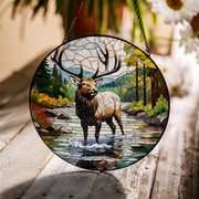 Majestic Elk Glass Suncatcher – Nature Wildlife Window Decor, Rustic Cabin Art Panel, Forest Animal Stained Glass Gift