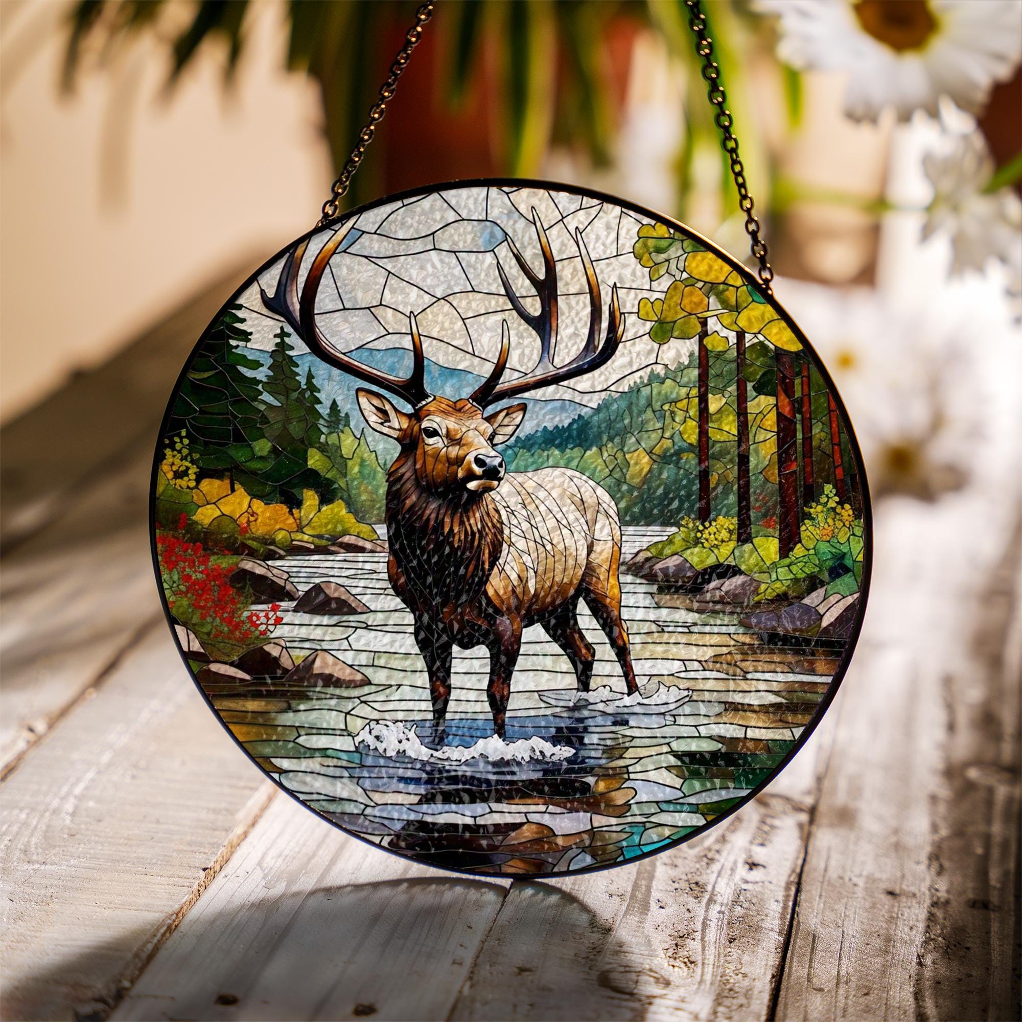 Majestic Elk Glass Suncatcher – Nature Wildlife Window Decor, Rustic Cabin Art Panel, Forest Animal Stained Glass Gift