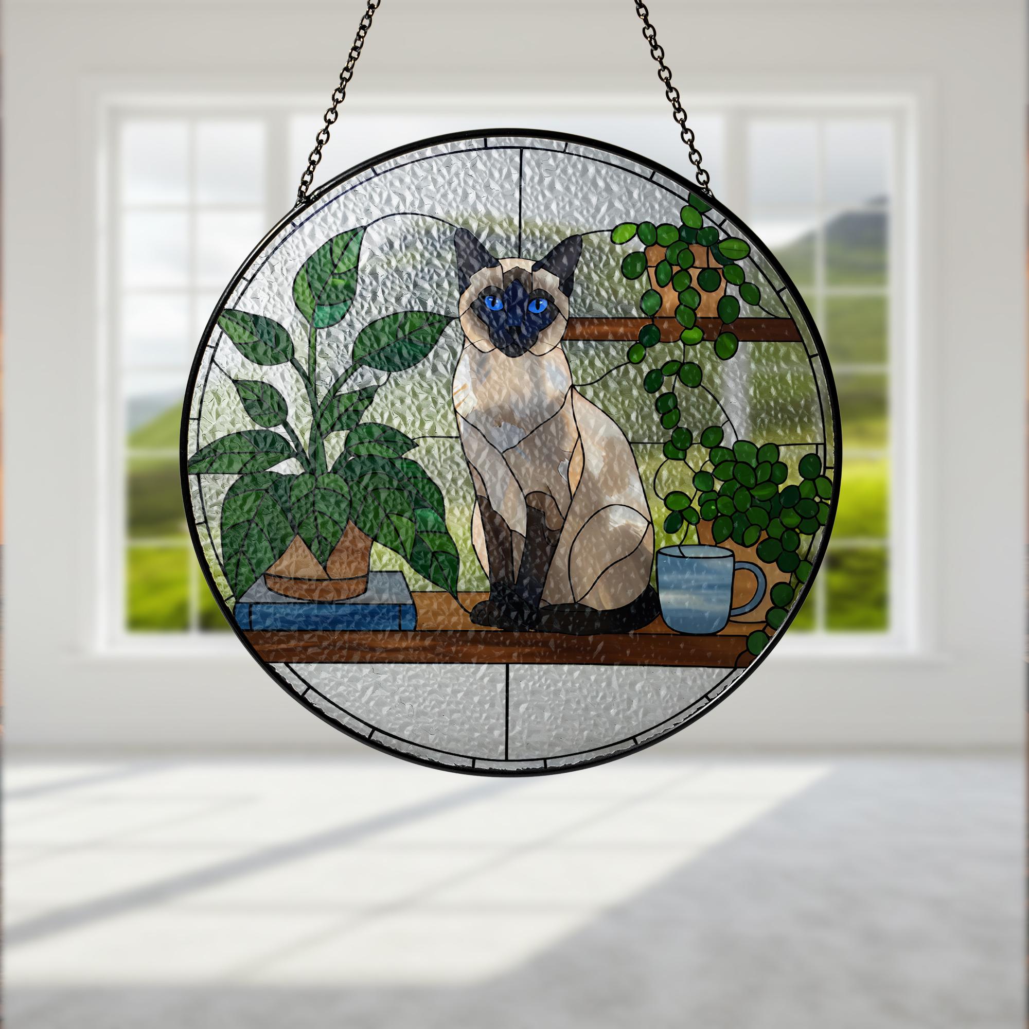 Siamese Cat Glass Suncatcher,  Glass Window Art, Cat Lover Gift, Plant BookShelf Decor, Handmade Glass Panel, Cat Home Decor,Siamese Cat Mom
