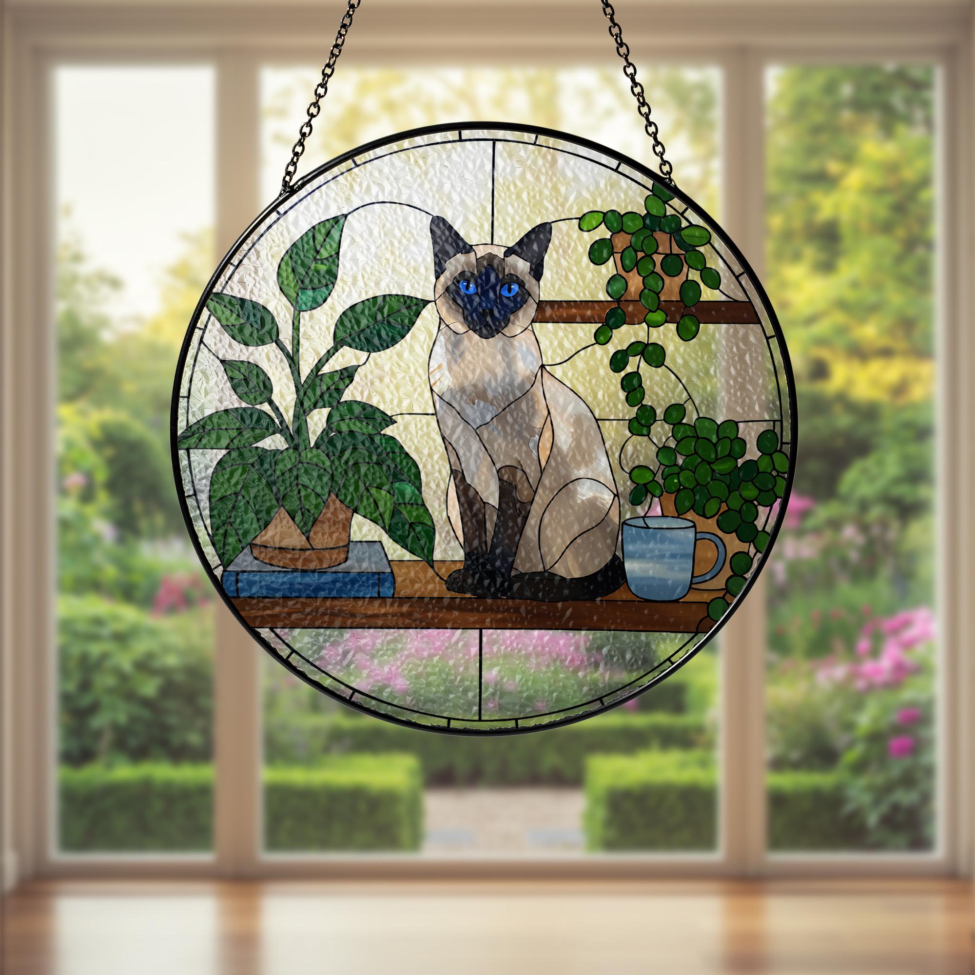 Siamese Cat Glass Suncatcher,  Glass Window Art, Cat Lover Gift, Plant BookShelf Decor, Handmade Glass Panel, Cat Home Decor,Siamese Cat Mom