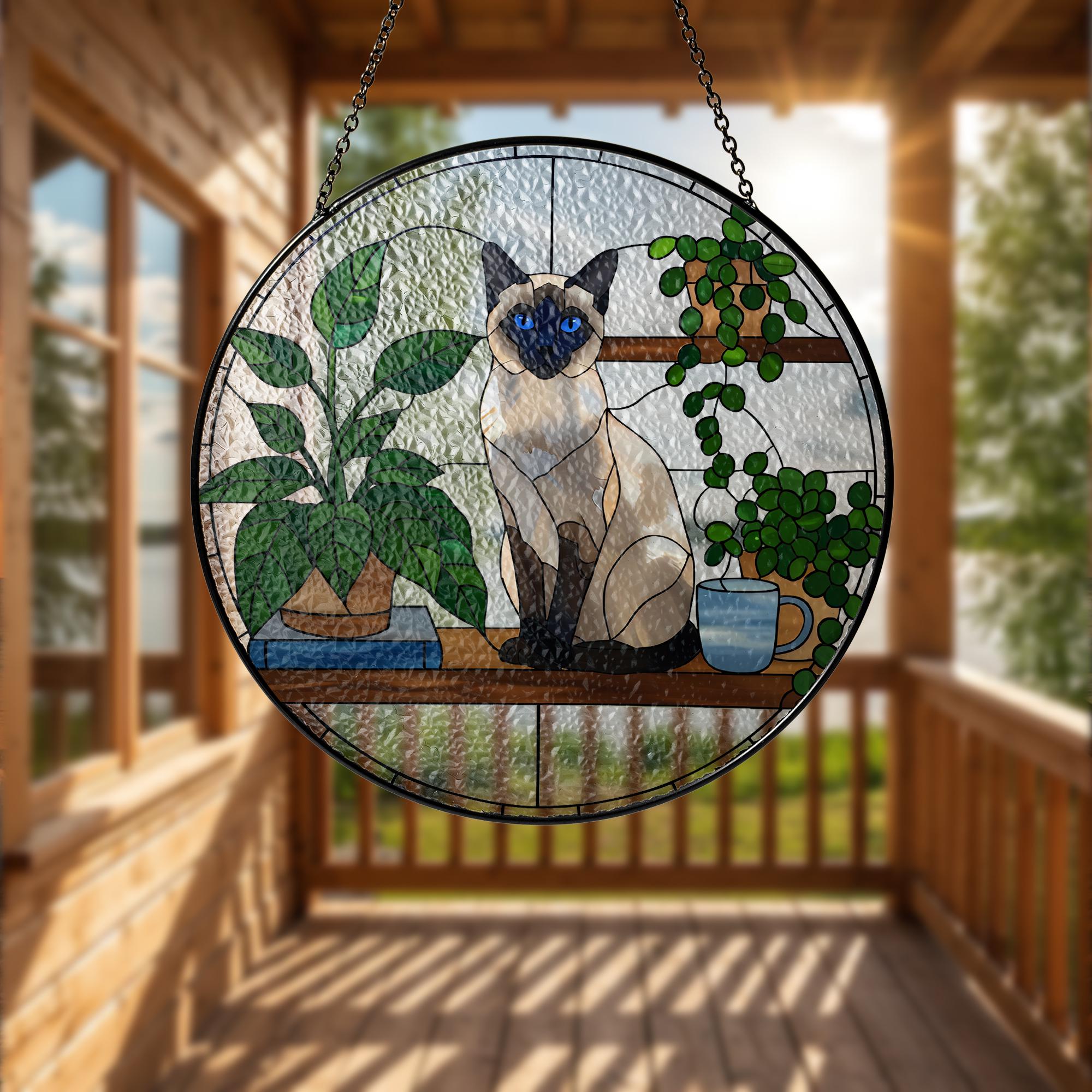 Siamese Cat Glass Suncatcher,  Glass Window Art, Cat Lover Gift, Plant BookShelf Decor, Handmade Glass Panel, Cat Home Decor,Siamese Cat Mom